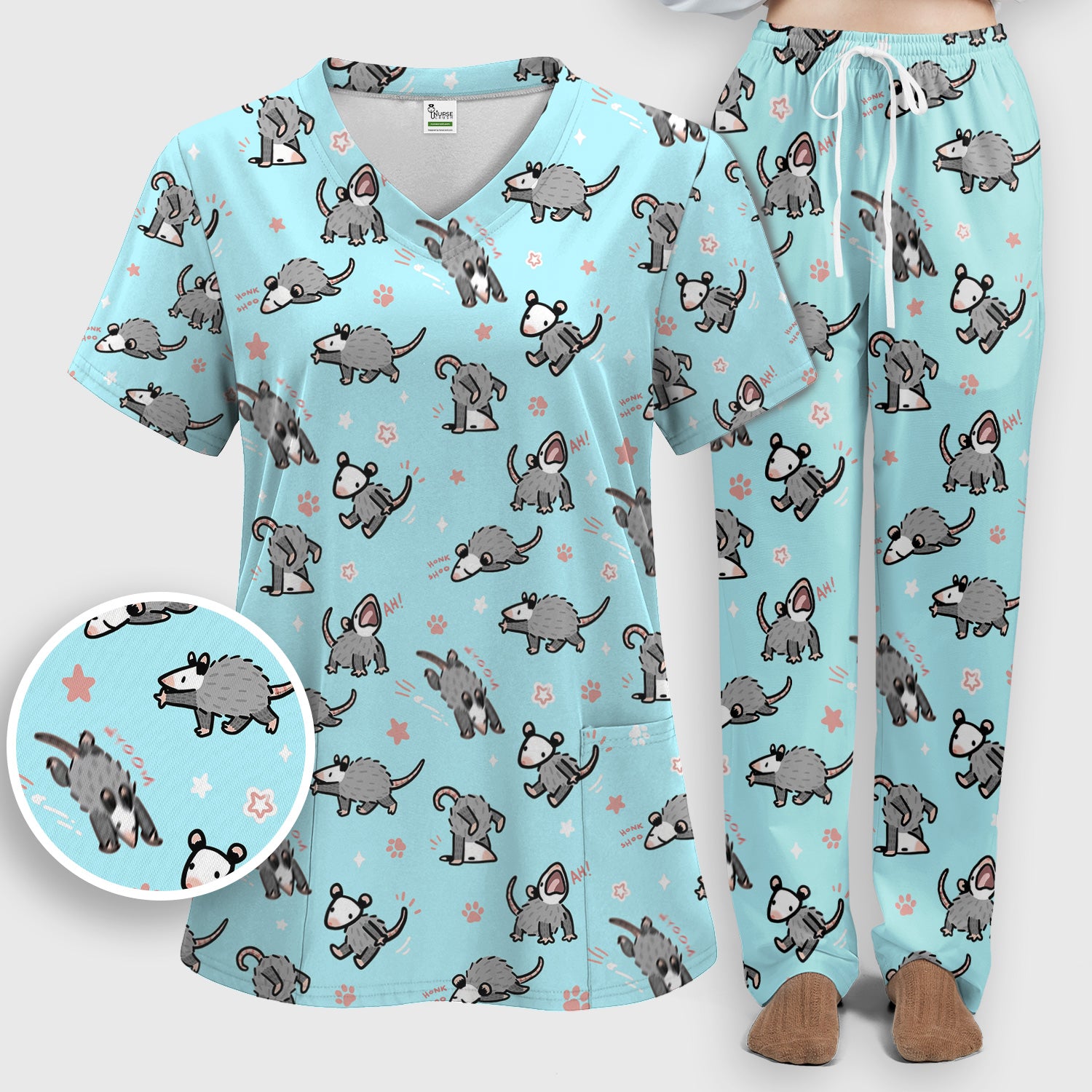 Playful Cartoon Opossum Character Pattern Scrub Set, Women's Scrub Sets