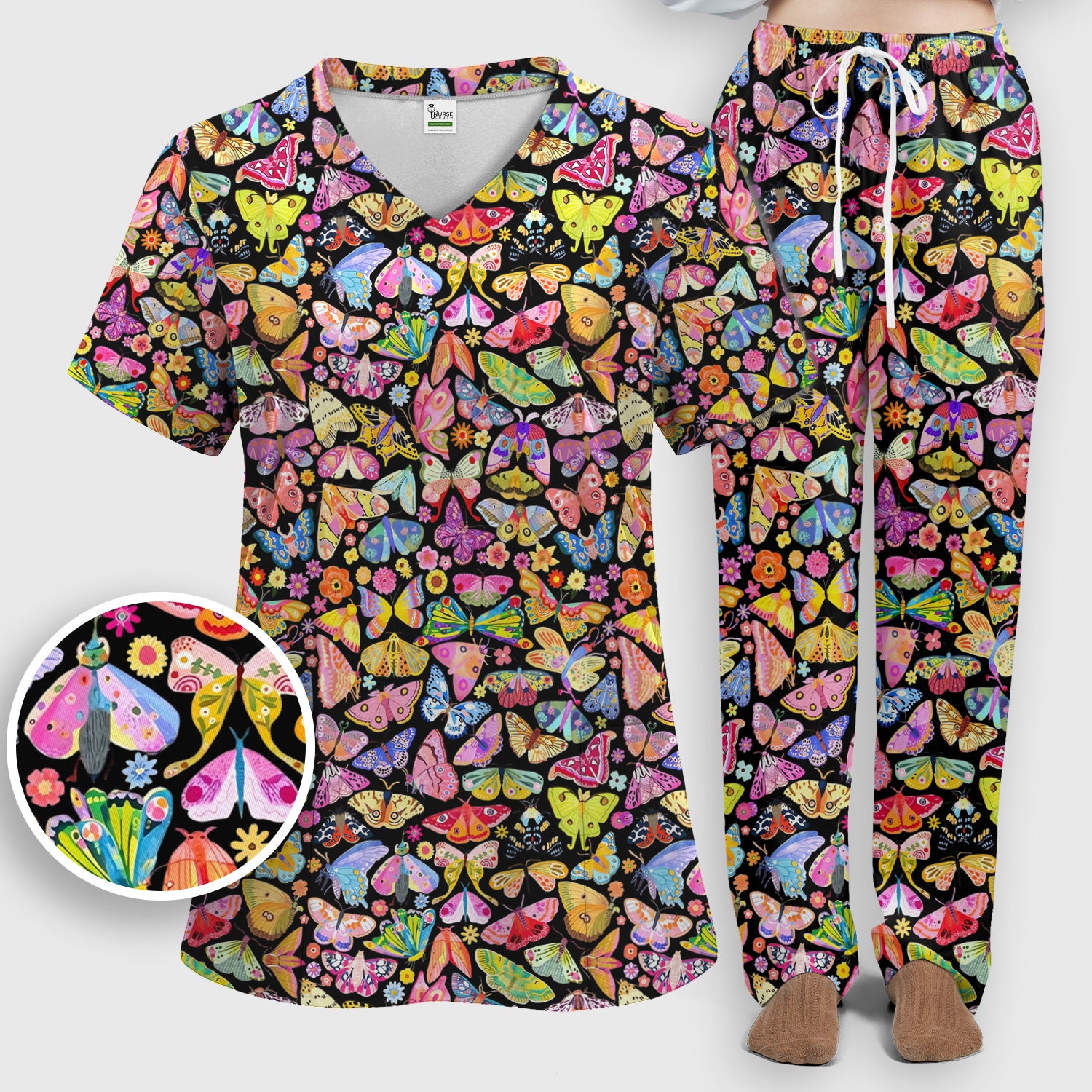 Cute Bright Butterfly Moth Floral Scrub Top, Breathable Fabrics Nursing Uniform