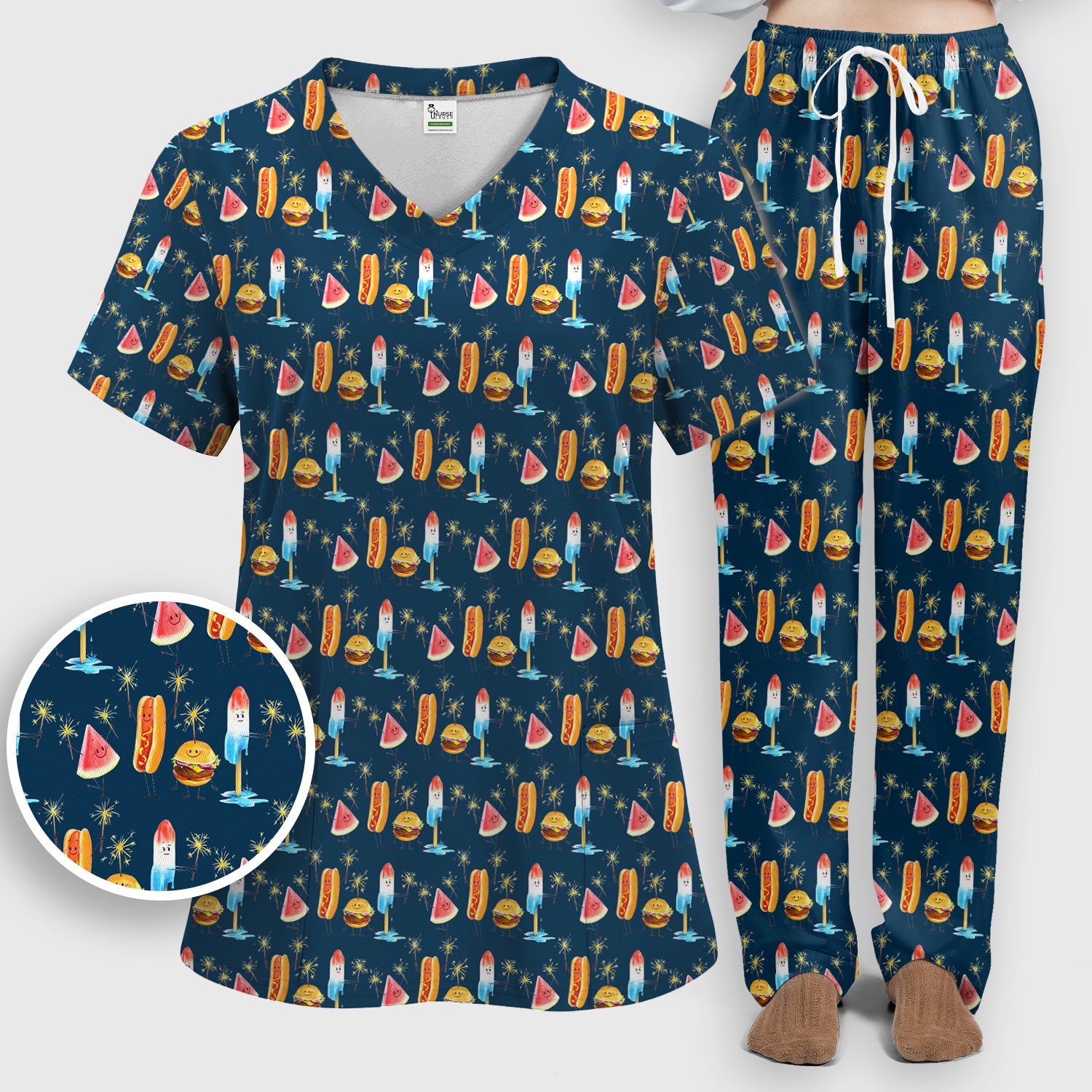 Funny Summer Food Icons Pattern Scrub Set, Breathable Fabrics Nursing Uniform