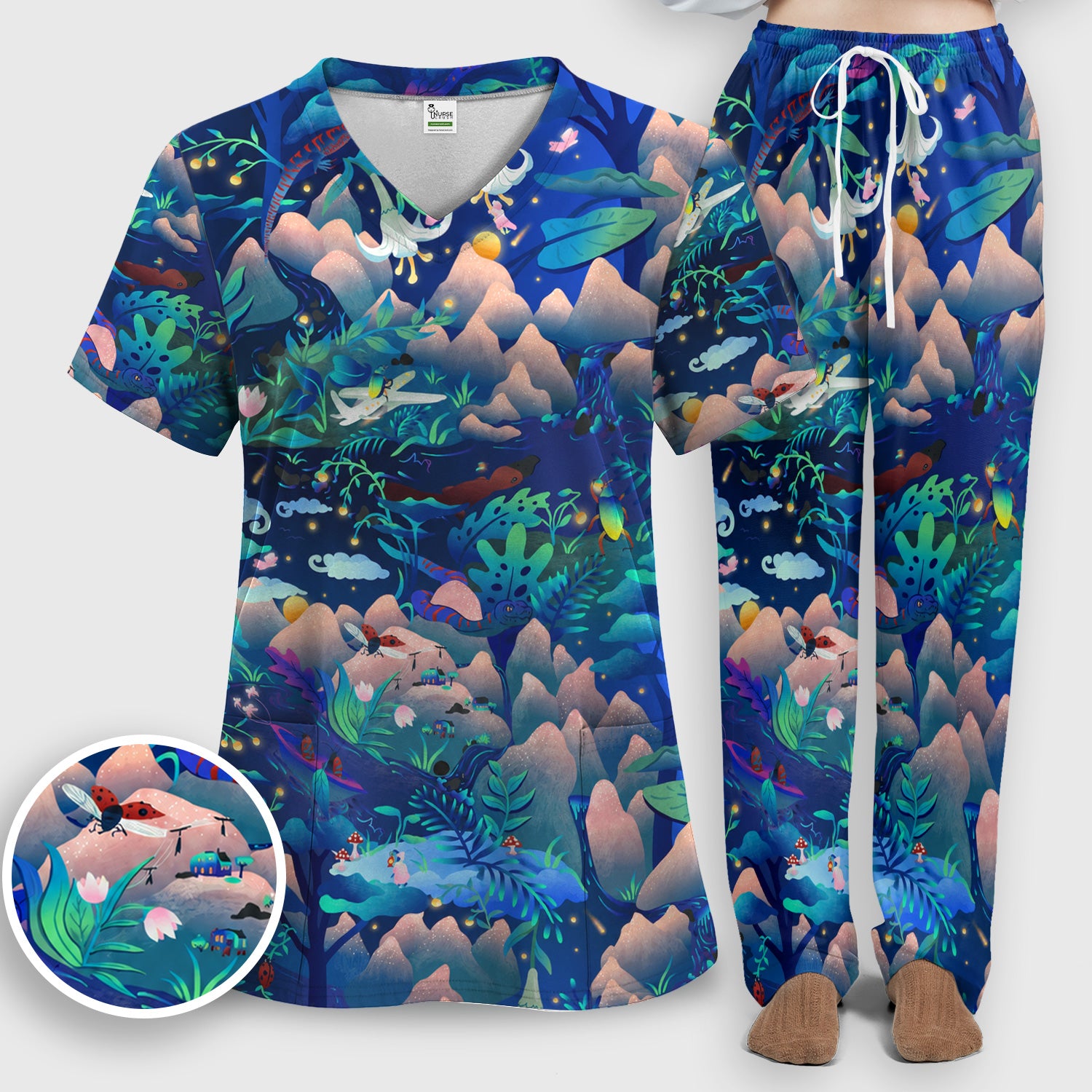 Whimsical Mountain Bug Print Scrub Set, Scrub Pants and V Neck Top