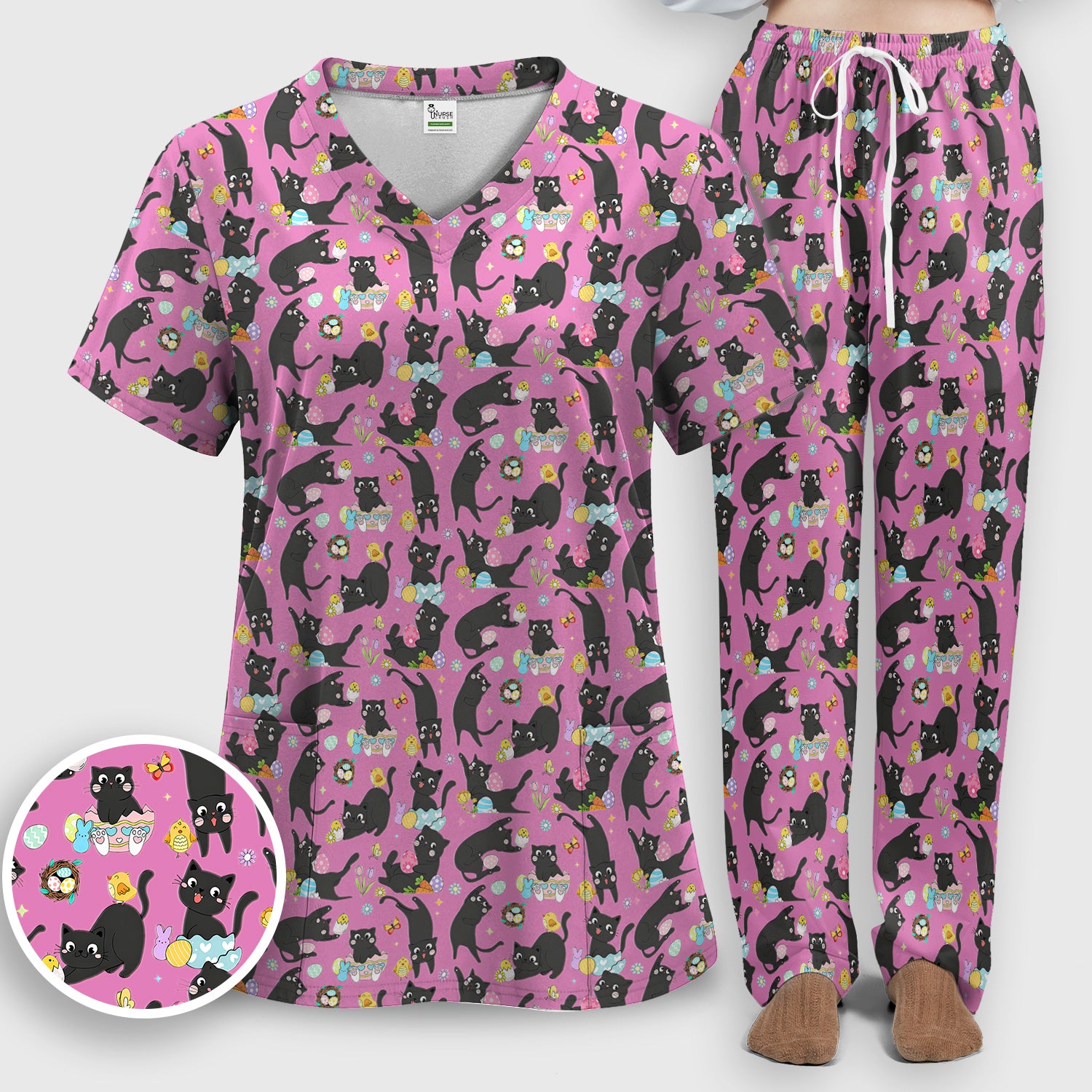 Playful Black Cat Easter Egg Pattern Scrub Set, Scrub Pants and V Neck Top