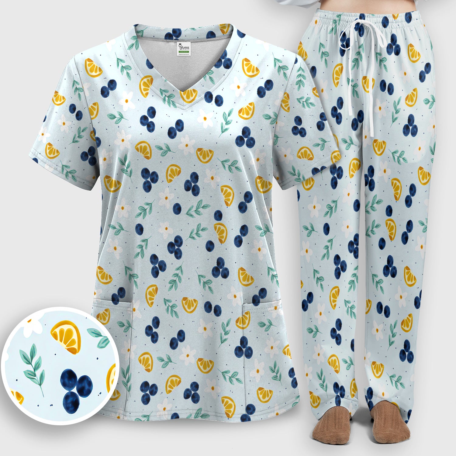 Blueberry Lemon Daisy Pattern Scrubs Sets, Scrub Pants and V Neck Top