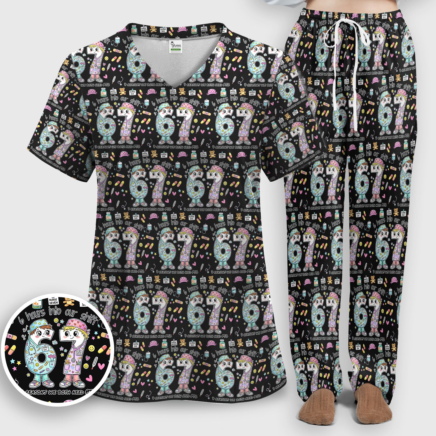 Cartoon Characters Six Hours Into Shift With Medical Doodle Scrub Set, Breathable Med Uniform