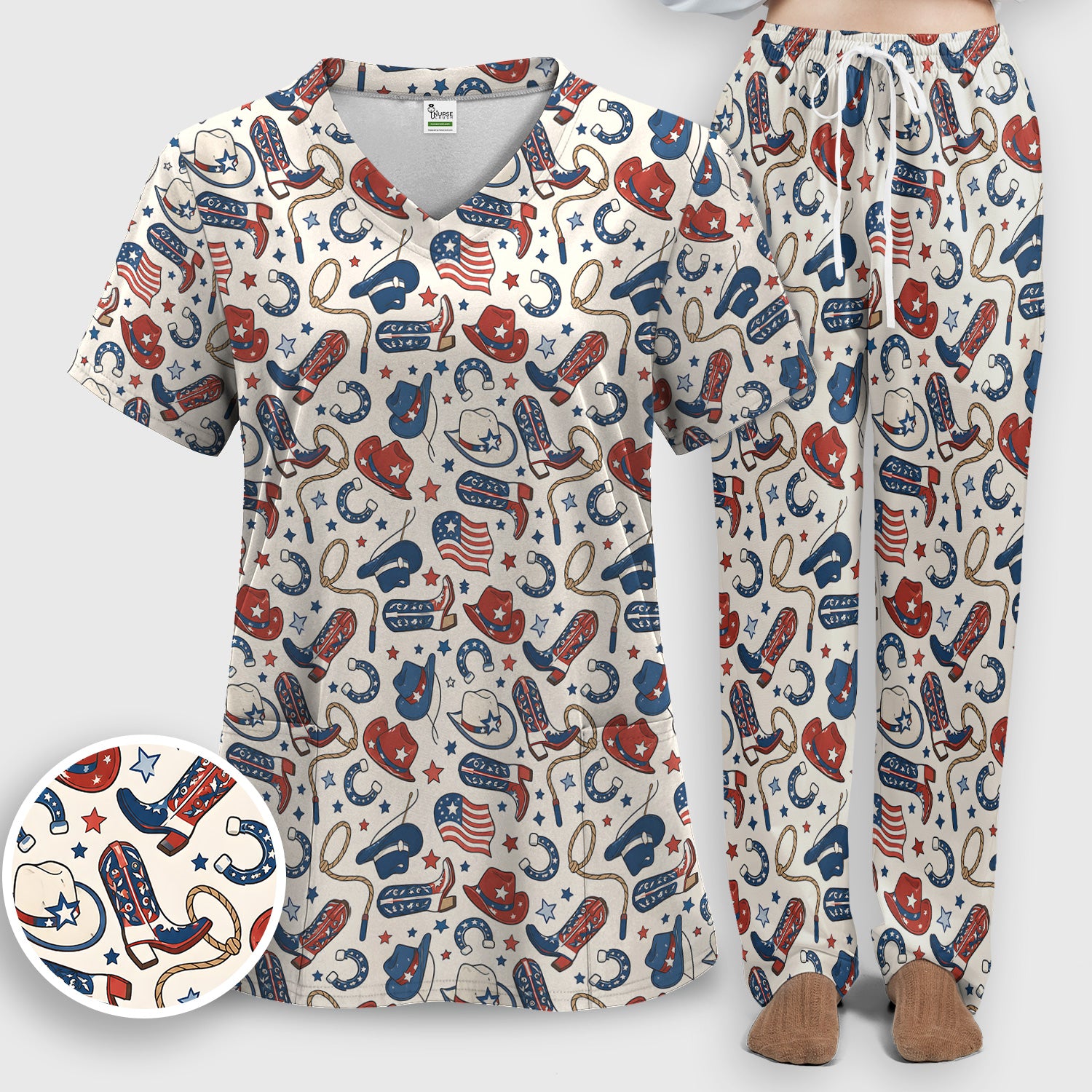 Patriotic Cowboy Boots Horseshoe Pattern Scrub Set, Scrub Pants and V Neck Top