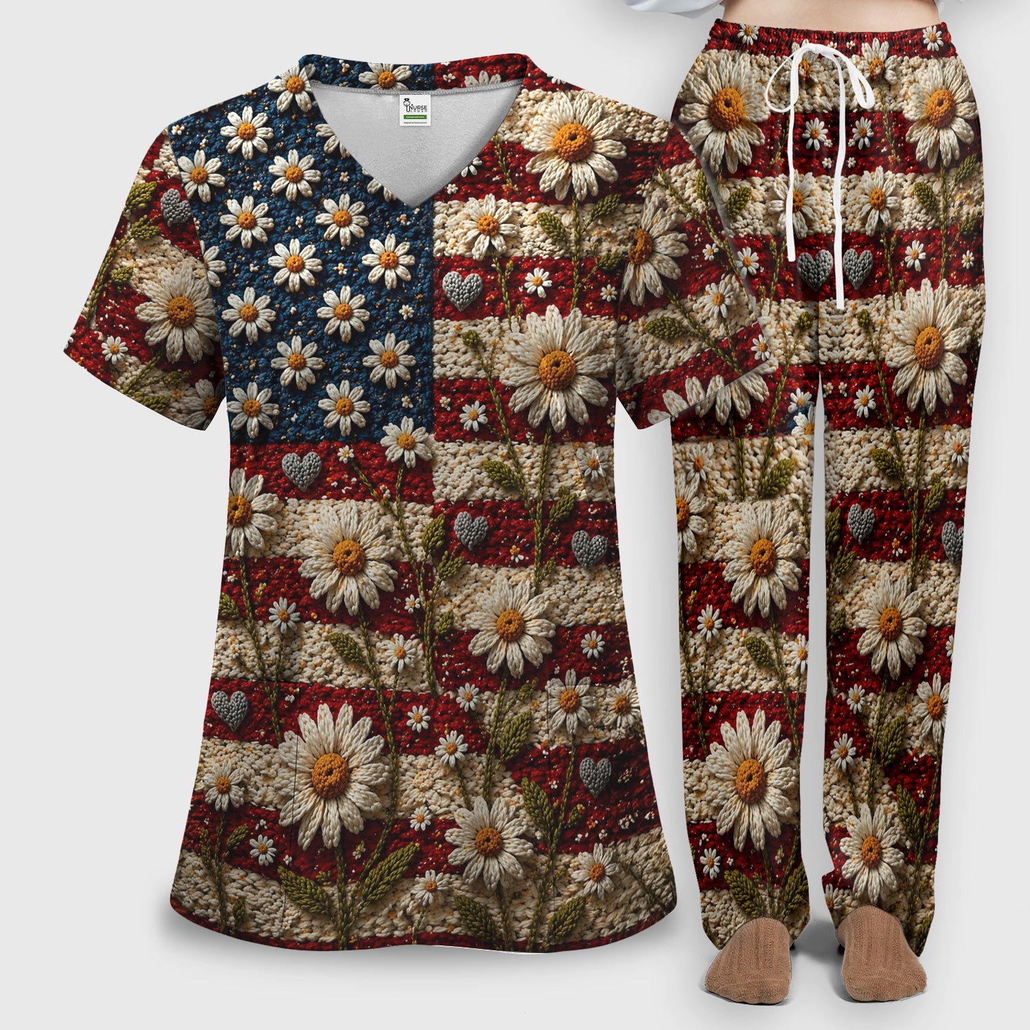 American Flag Daisy Floral Knit Texture Pattern Scrub Set, Scrub Pants and V Neck Top