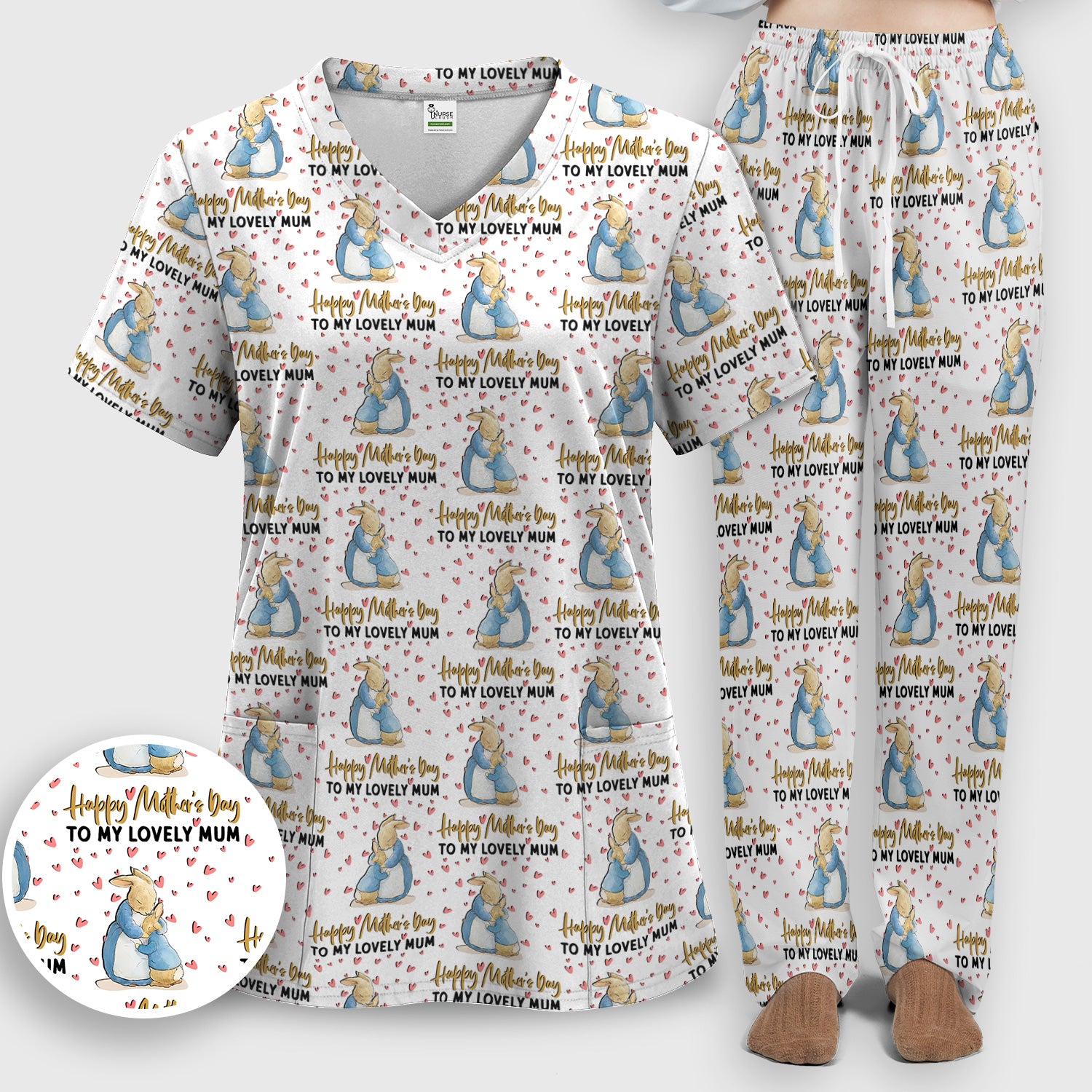 Happy Mothers Day Bunny Love Pattern Scrub Sets, Scrub Pants and V Neck Top