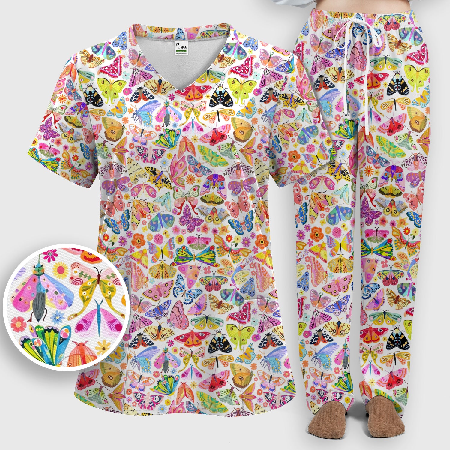 Cute Bright Butterfly Moth Floral Scrub Top, Breathable Fabrics Nursing Uniform
