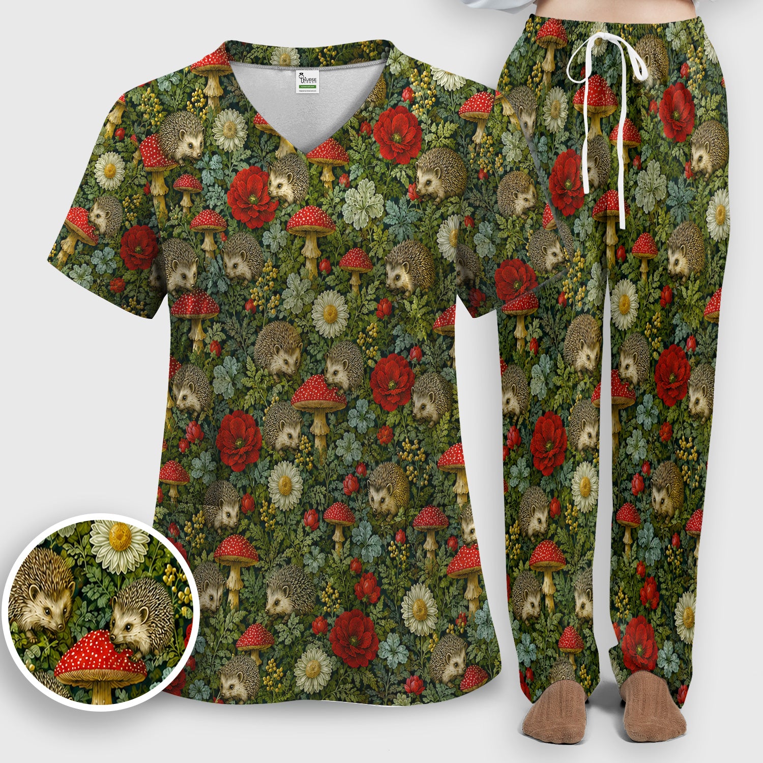 Enchanted Woodland Hedgehog Nurse for Pediatric Nurses, RN, CNA, Garden Medical Scrub Set, Scrub Pants and V Neck Top