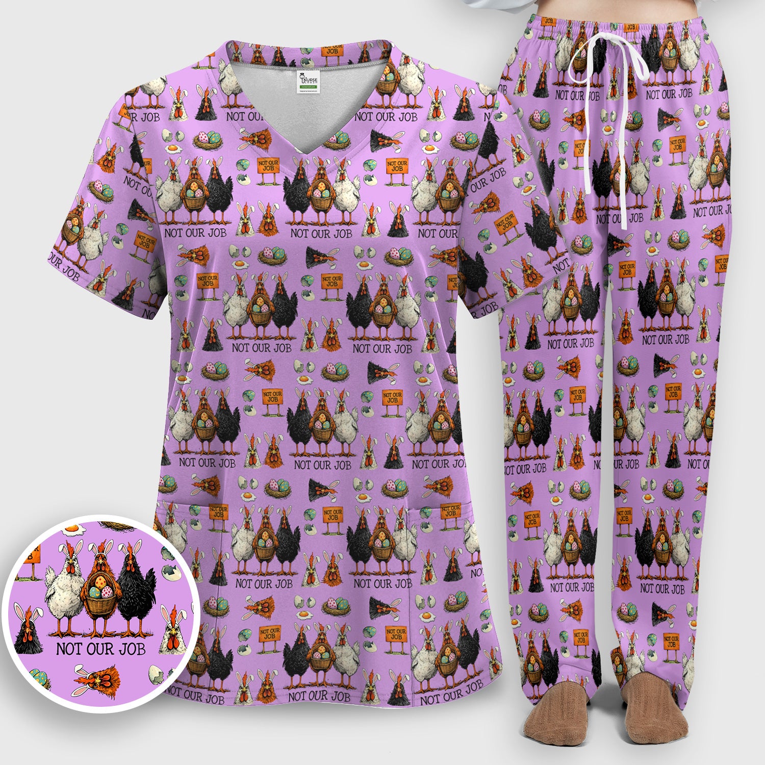 Funny Easter Chicken Humor Pattern Scrub Set, Scrub Pants and V Neck Top