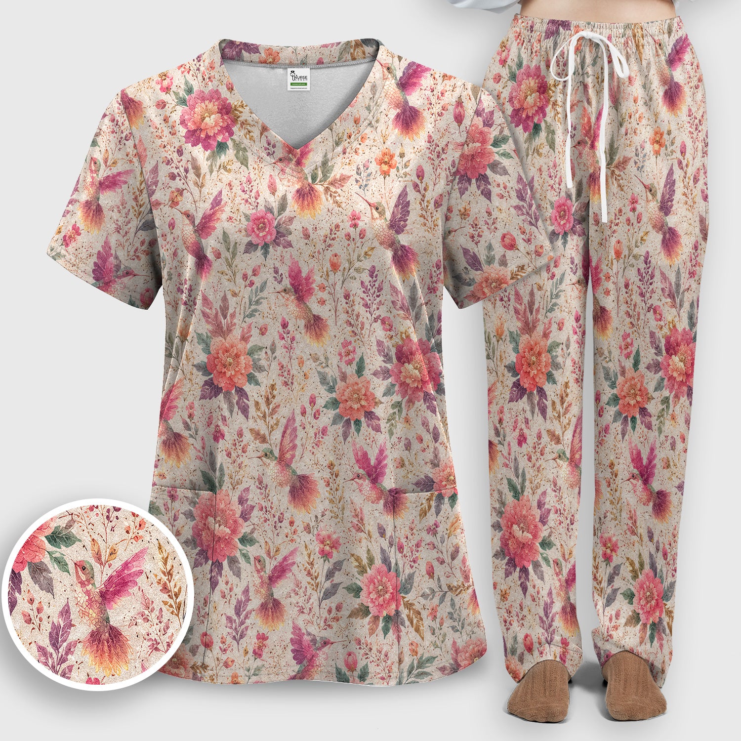 Hummingbird Floral Garden Pattern Scrub Set, Scrub Pants and V Neck Top
