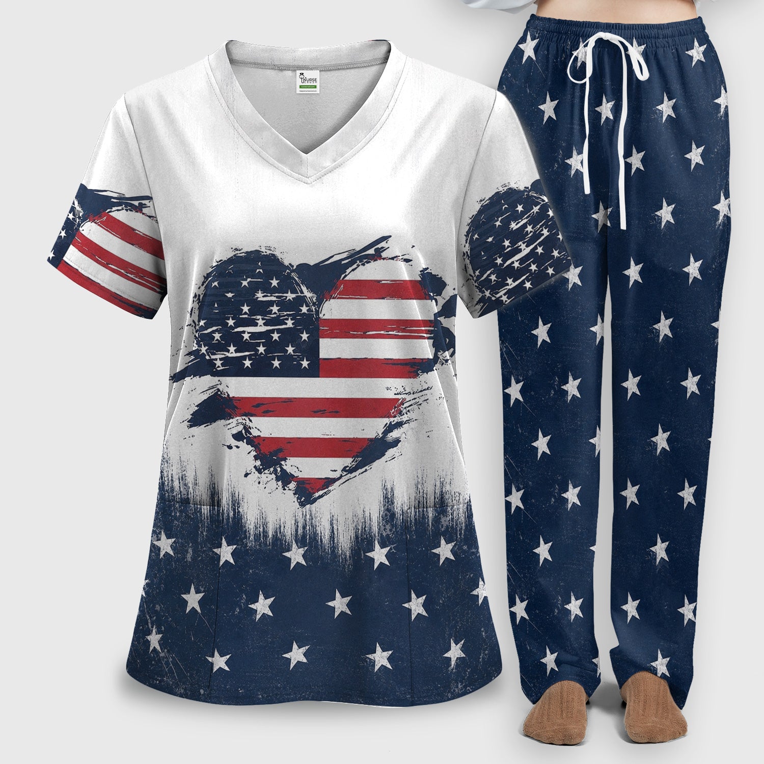 Patriotic Nurse Adorable Scrub Top USA Heart Pattern Scrub Set, Scrub Pants and V Neck Top