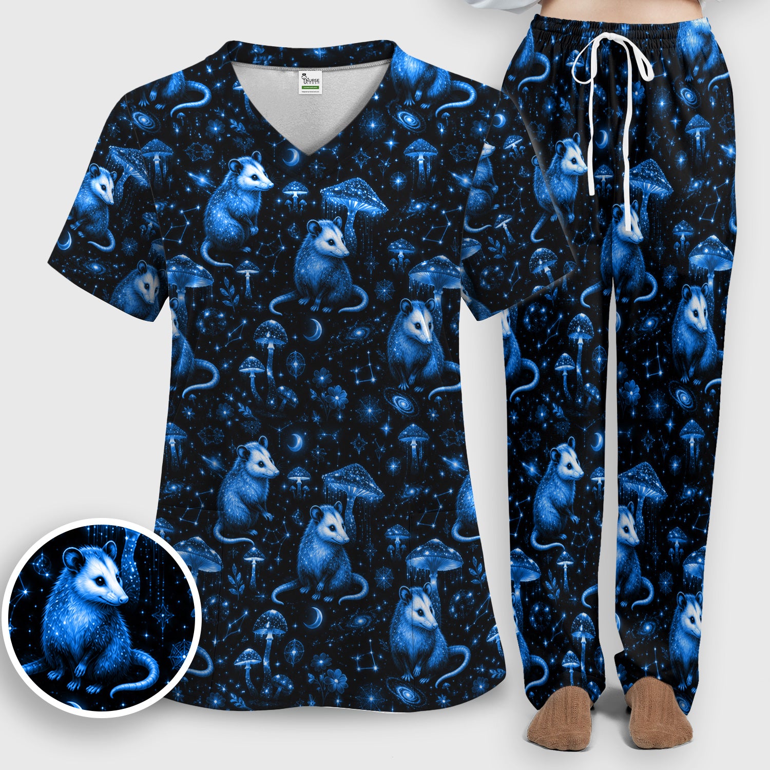 Celestial Blue Opossum With Mushroom Pattern Scrub Set, Scrub Pants and V Neck Top