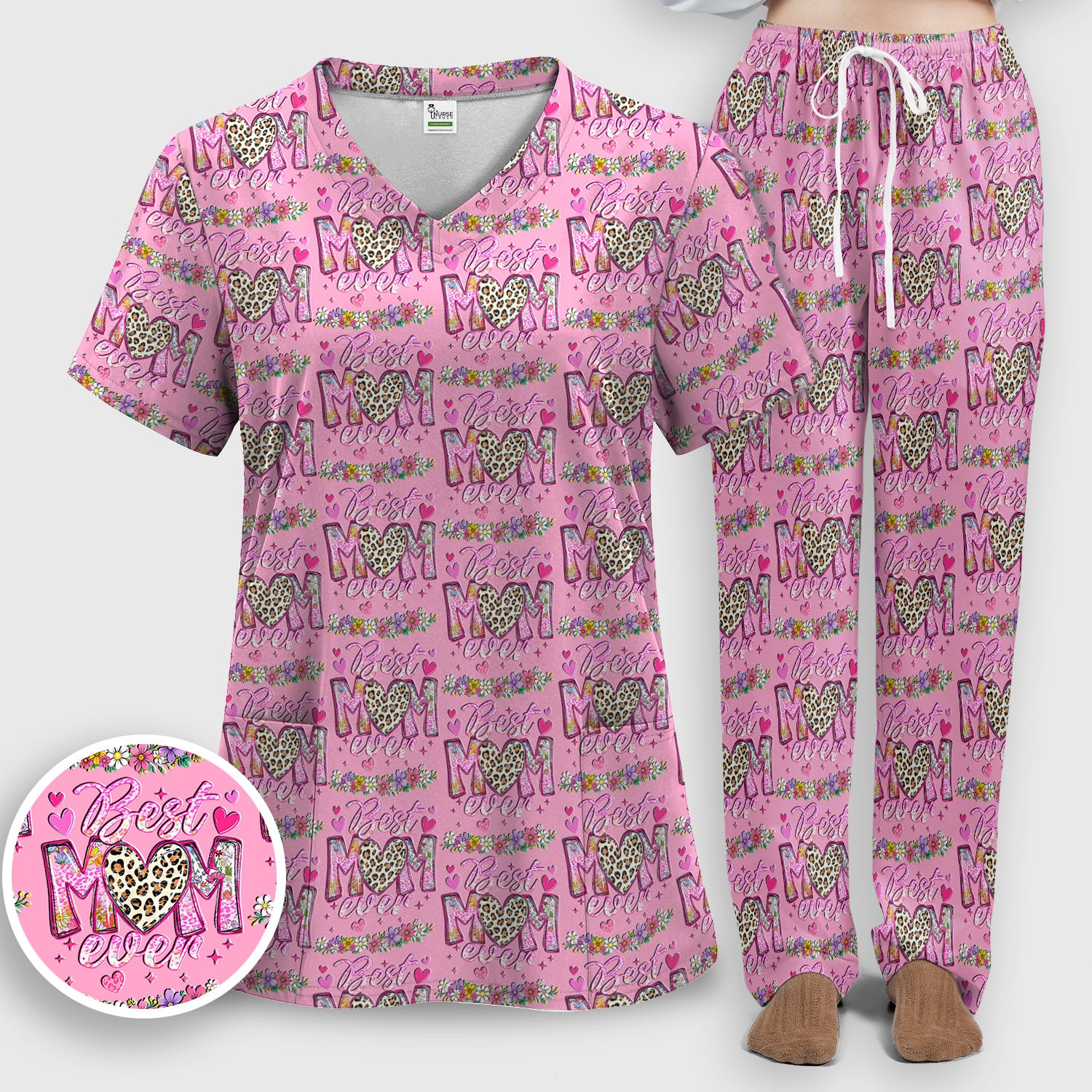 Best Mom Ever Leopard Heart Floral Pattern Scrub Set, Nurse Uniform Scrubs Set
