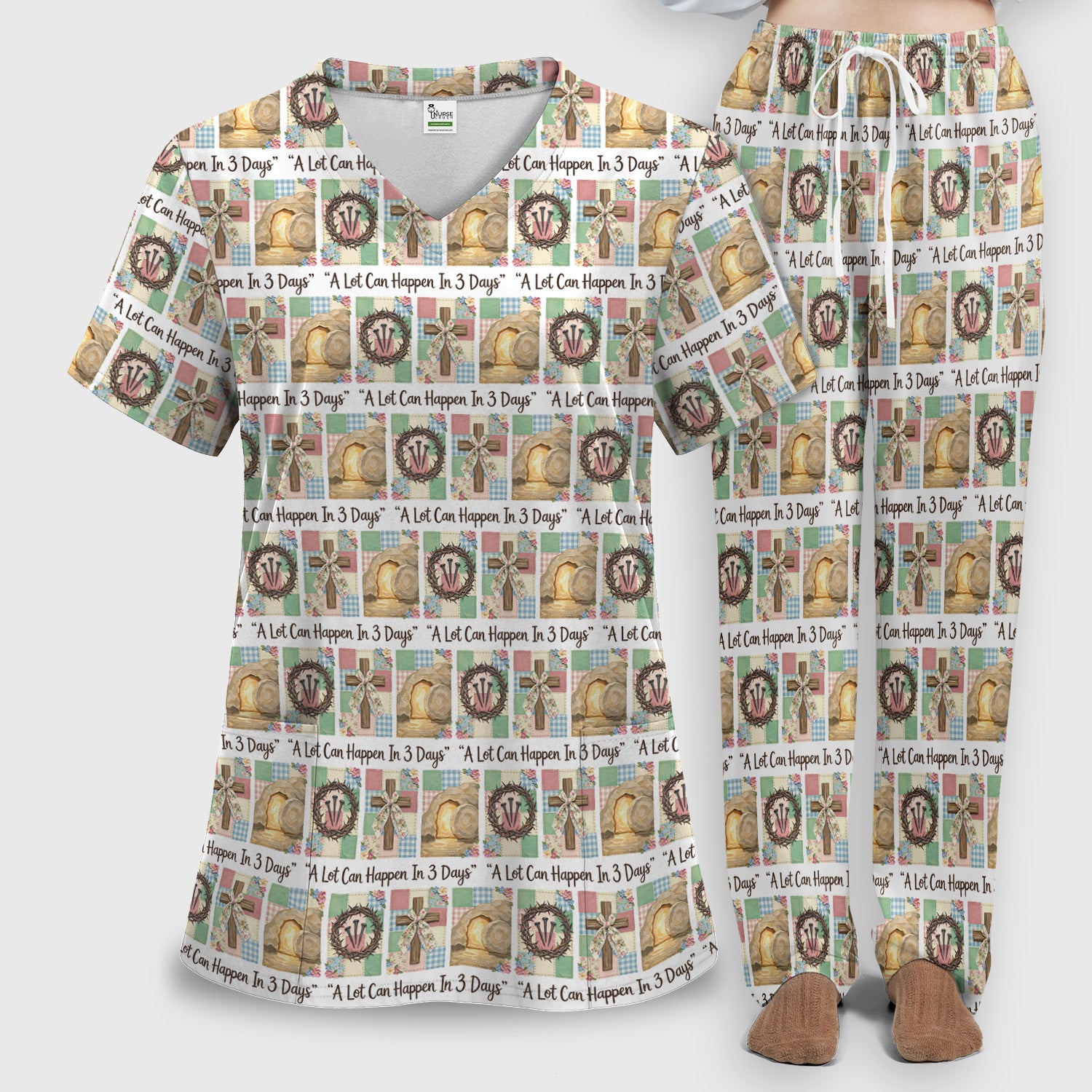 Christian Easter Cross Print Scrub Set, Scrub Pants and V Neck Top