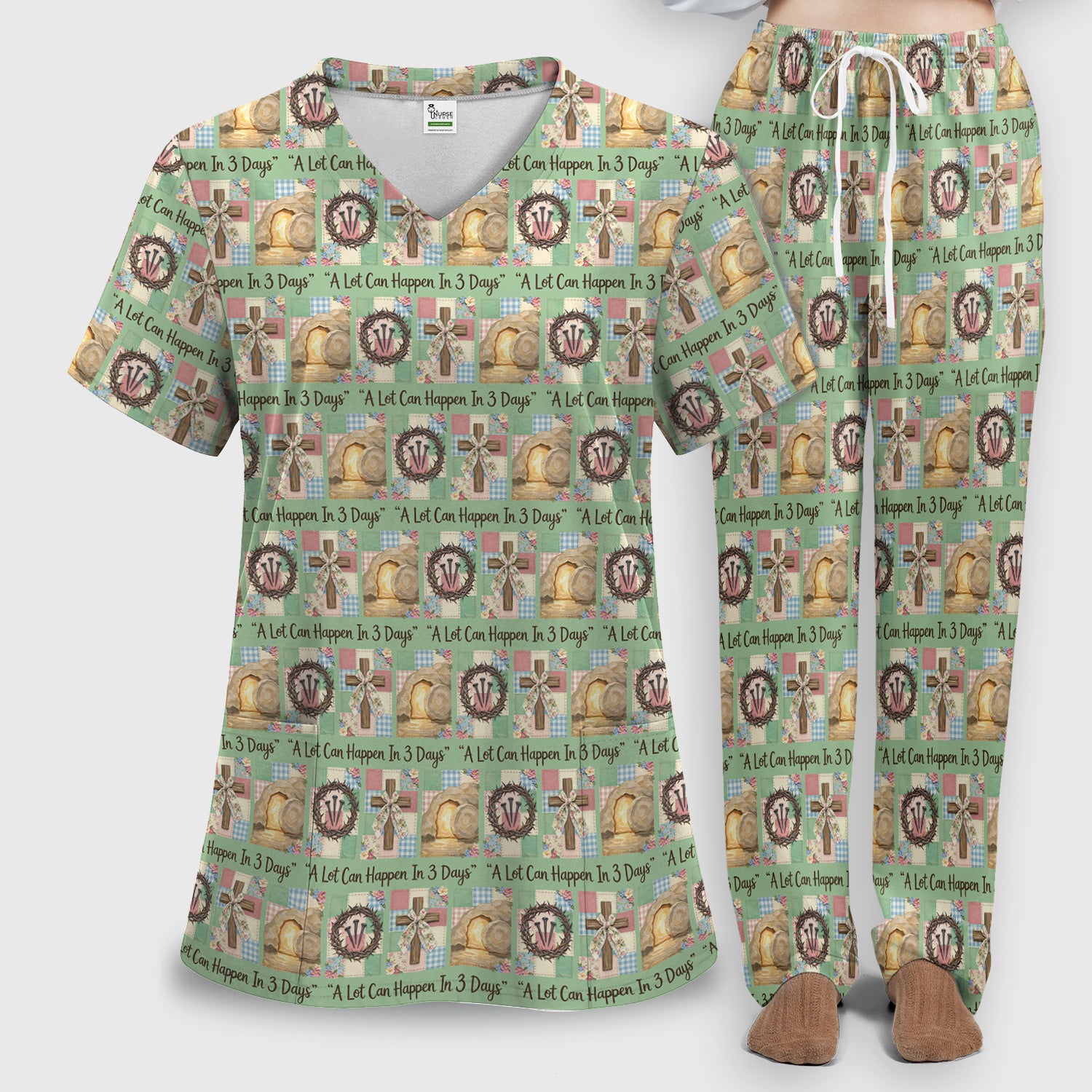 Christian Easter Cross Print Scrub Set, Scrub Pants and V Neck Top