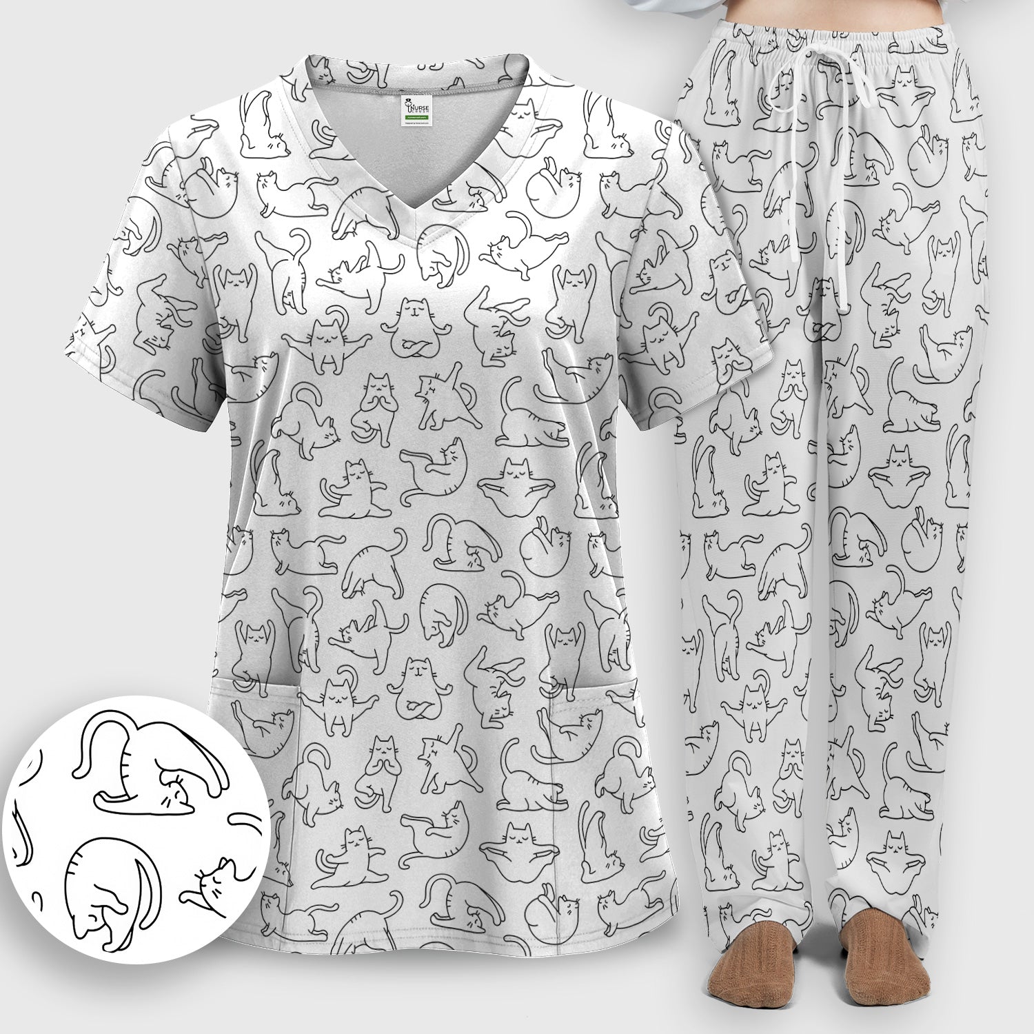 Cute Cat Outline Playing Pattern Scrub Set, Scrub Pants and V Neck Top