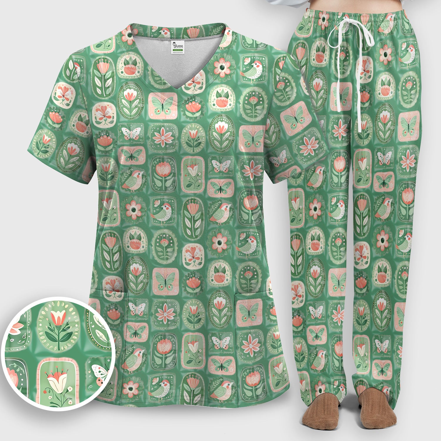 Folk Art Floral Bird Butterfly Garden Pattern Scrub Set, Scrub Pants and V Neck Top