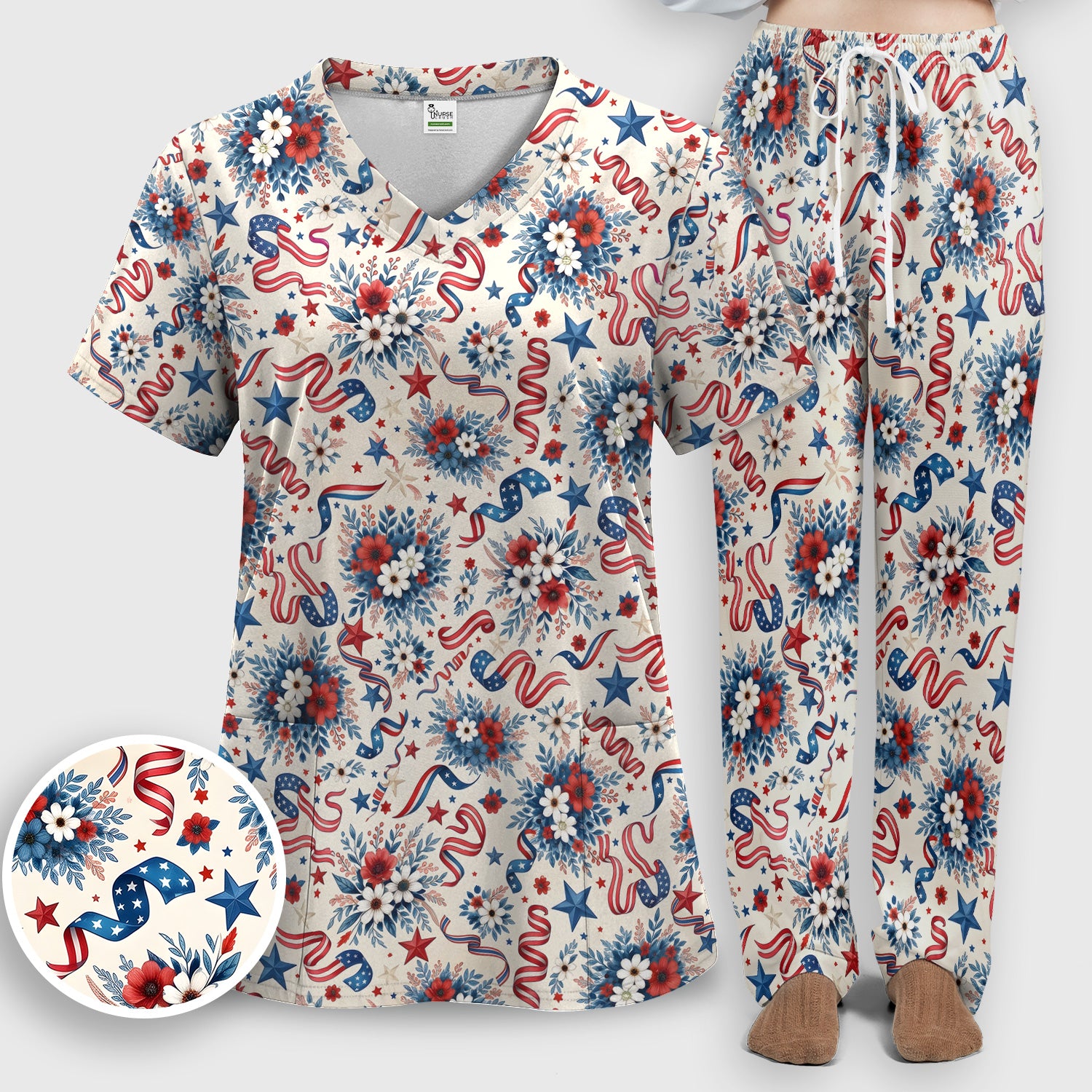 Patriotic Floral Ribbon Nurse for RN & CNA, Americana Healthcare Workers Uniform Scrub Set, Scrub Pants and V Neck Top