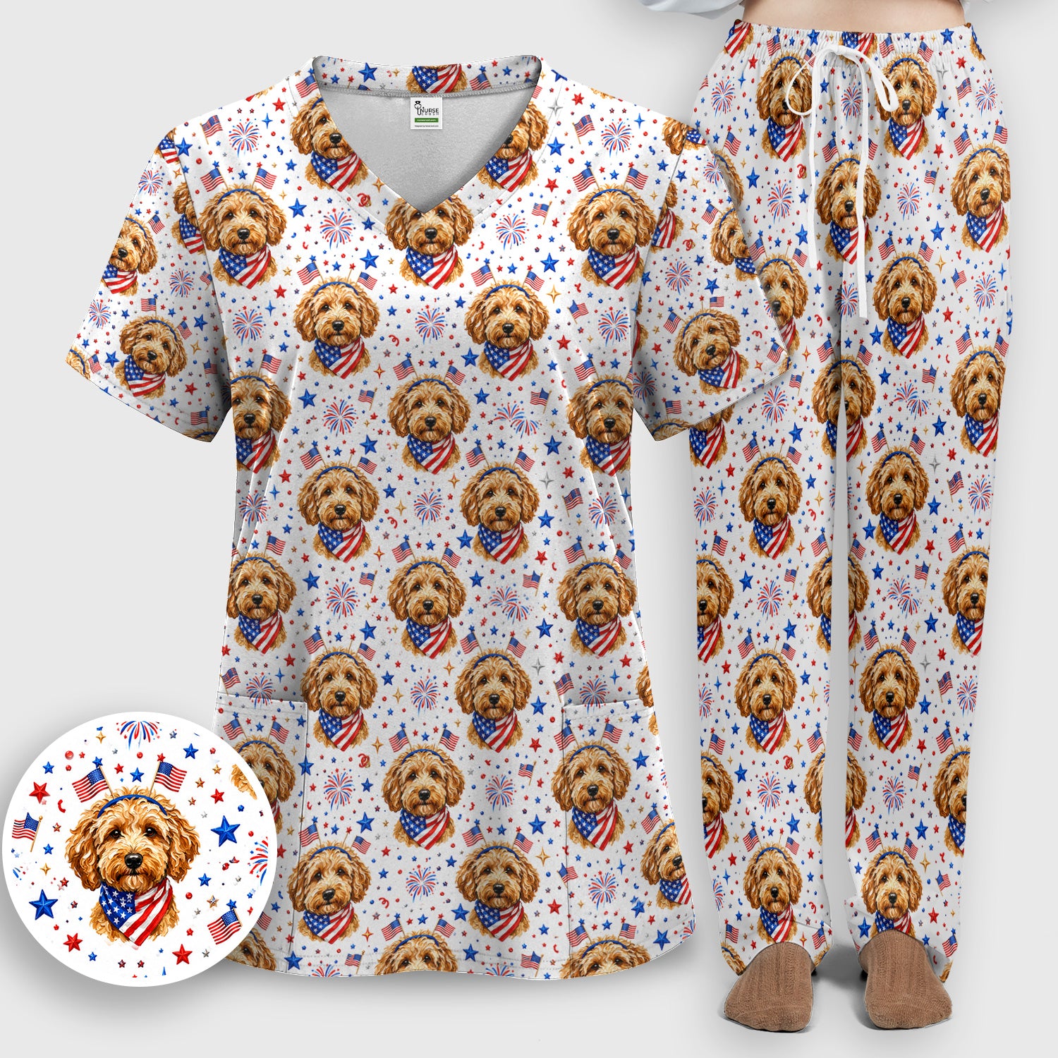 Patriotic Goldendoodle Nurse Pattern Scrub Set, Scrub Pants and V Neck Top