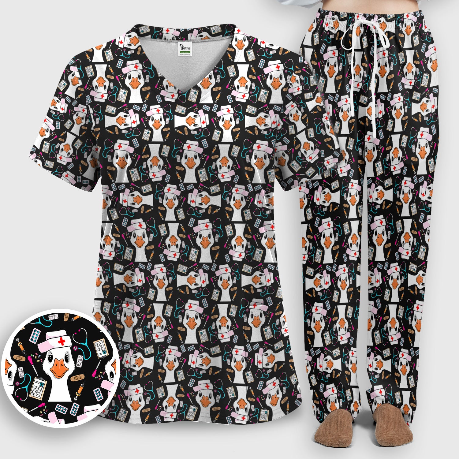 Duck Wearing Hat With Medical Tools Scrub Set, Breathable Med Uniform