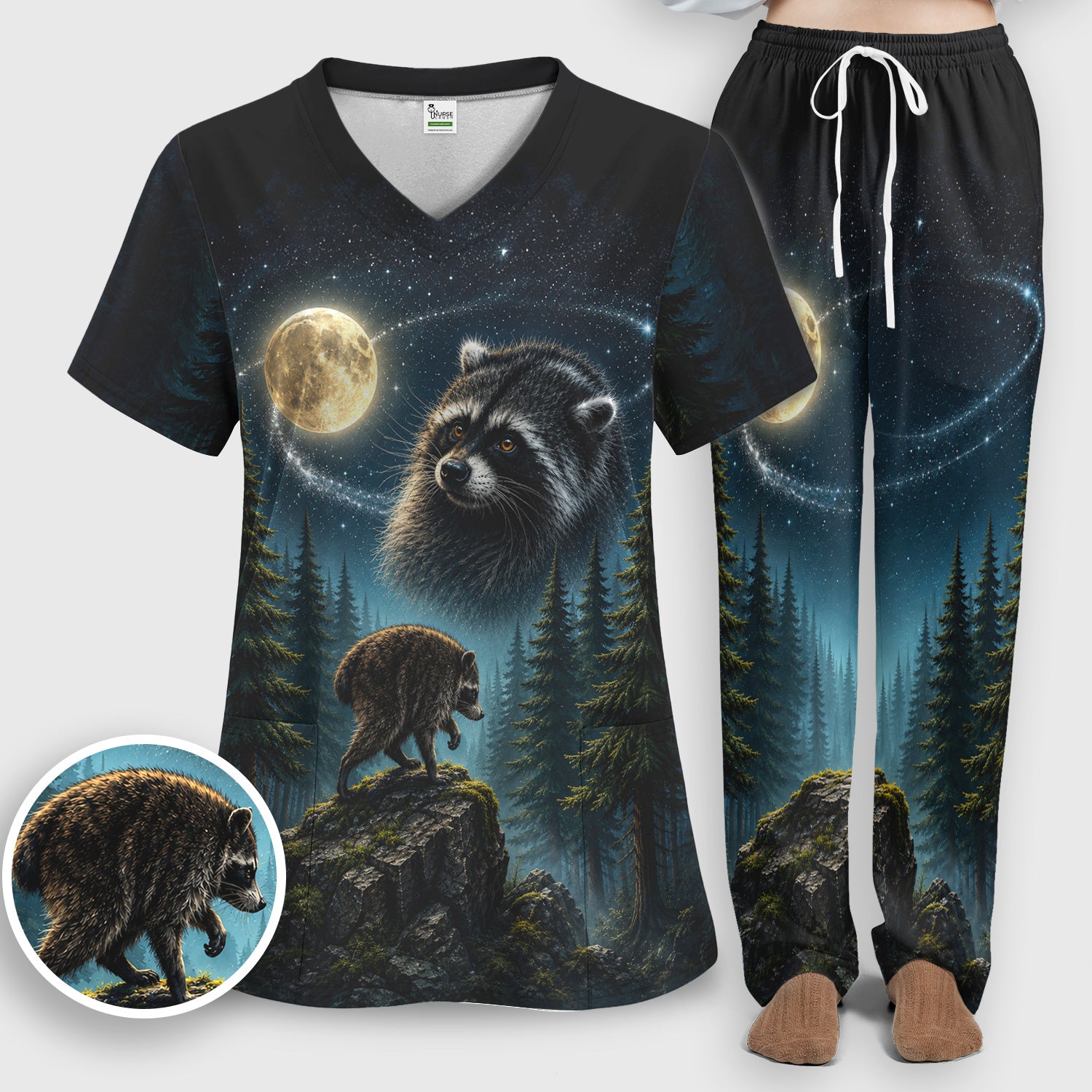 Raccoon On A Moonlit Branch Print Scrub Set, Scrub Pants and V Neck Top