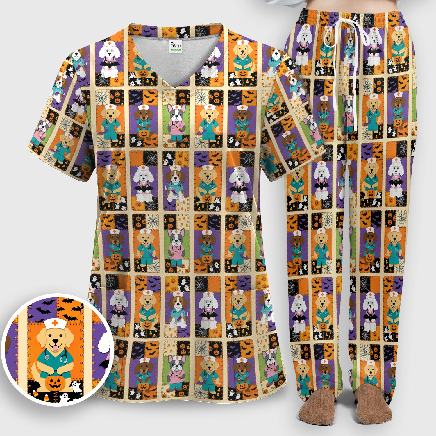 Spooky Halloween Dog Veterinary Scrub Set, Scrub Pants and V Neck Top