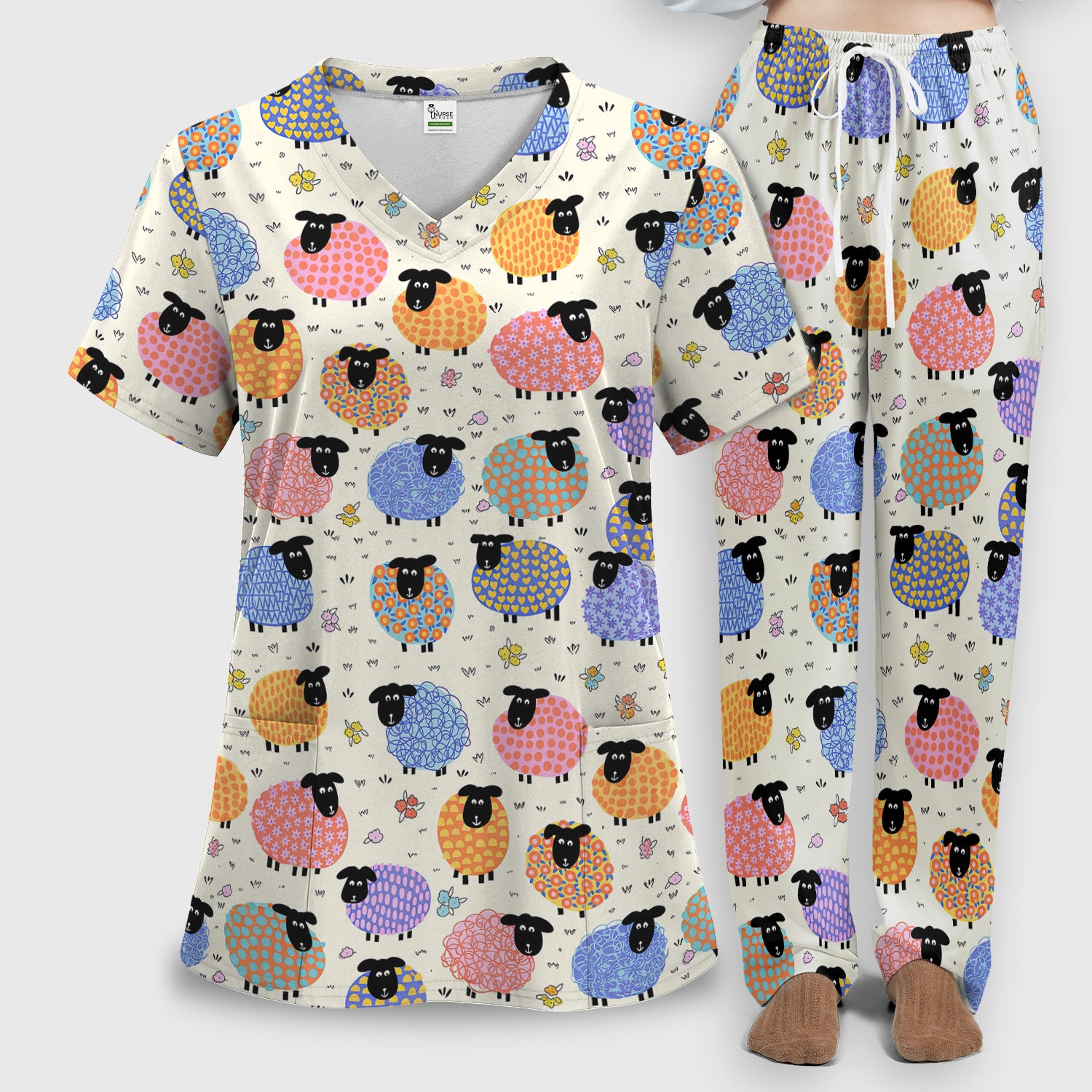 Funny Colorful Sheep Pattern Scrub Set, Scrub Pants and V Neck Top