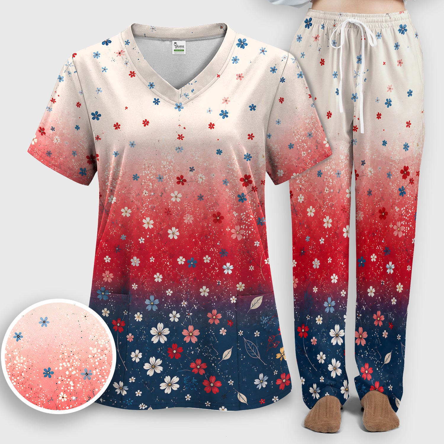 Patriotic Red White Blue Floral Ombre Print Scrub Set, Scrub Pants and V Neck Top