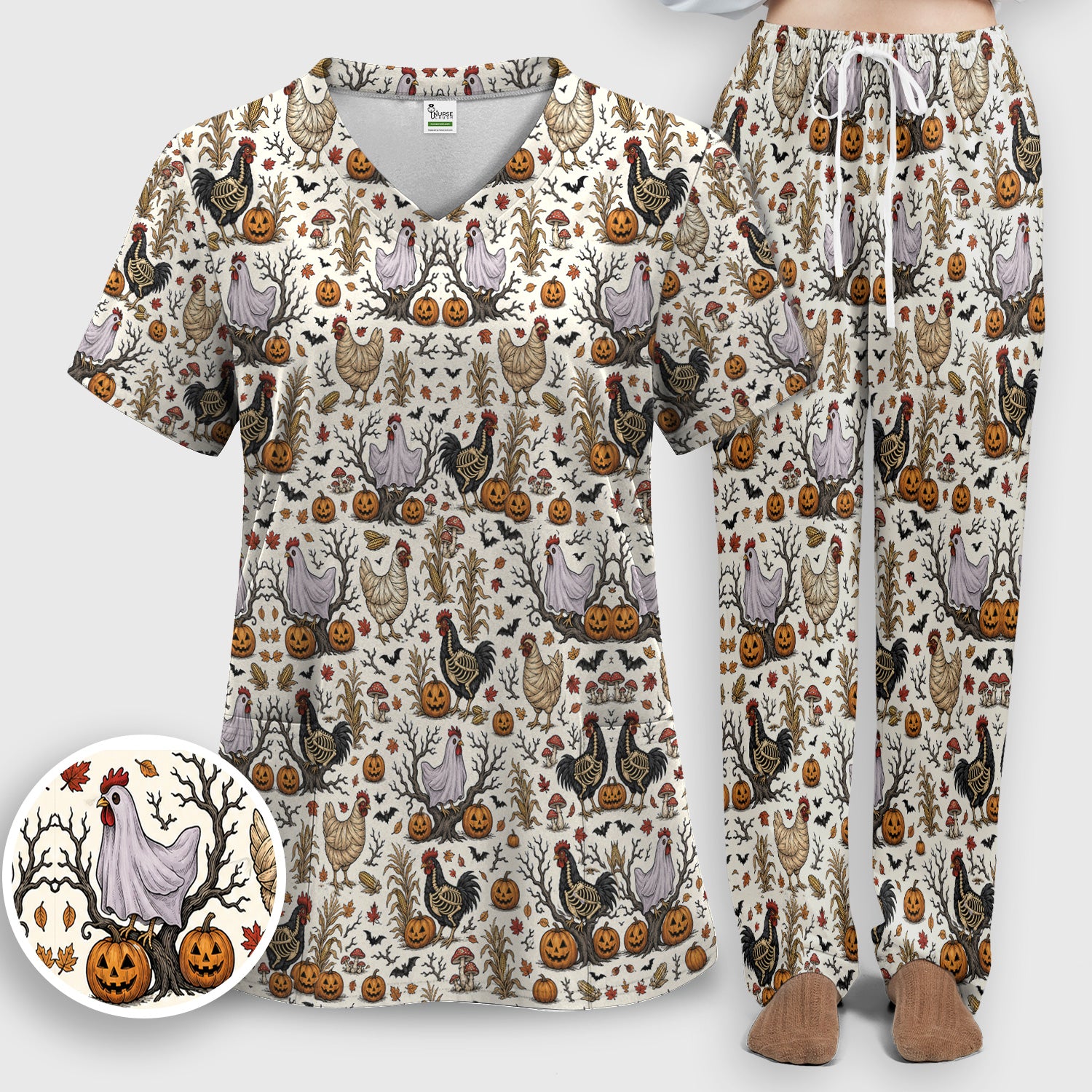 Halloween Skeleton Chickens Pattern Scrub Set, Scrub Pants and V Neck Top