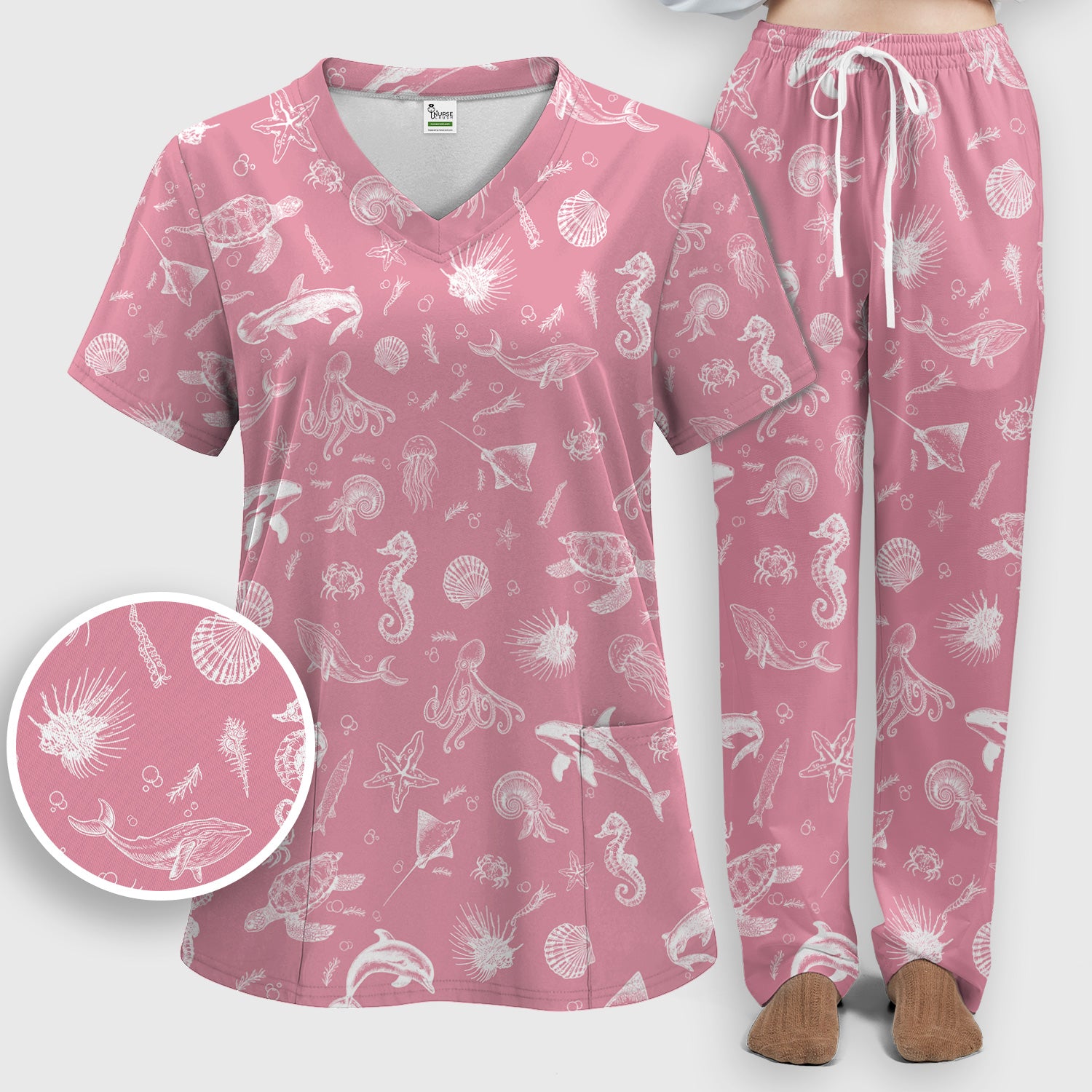 Marine Sea Life Pattern Scrub Set, Women's Scrub Sets