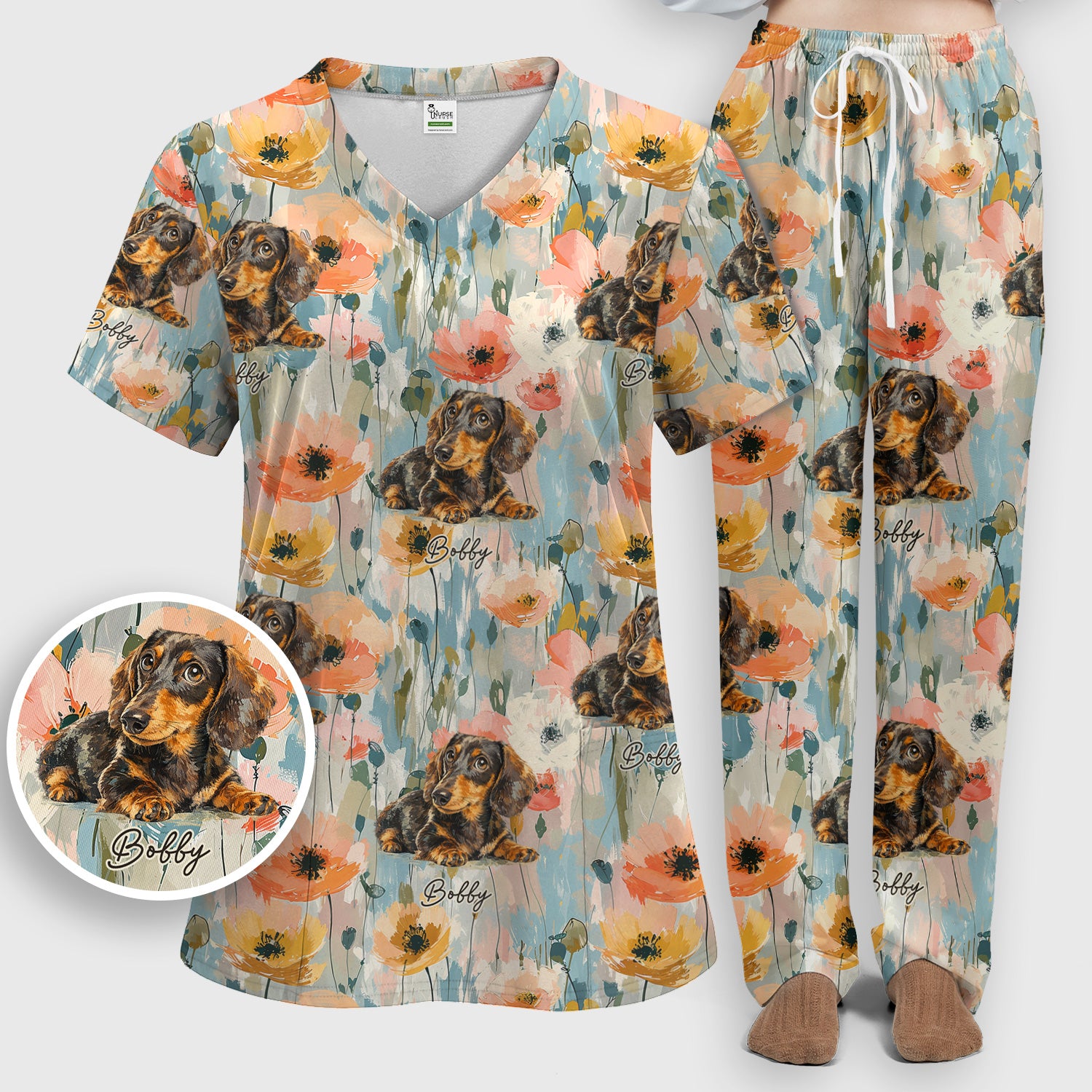 Personalized Dachshund Floral Portrait Pattern Scrub Set, Scrub Pants and V Neck Top