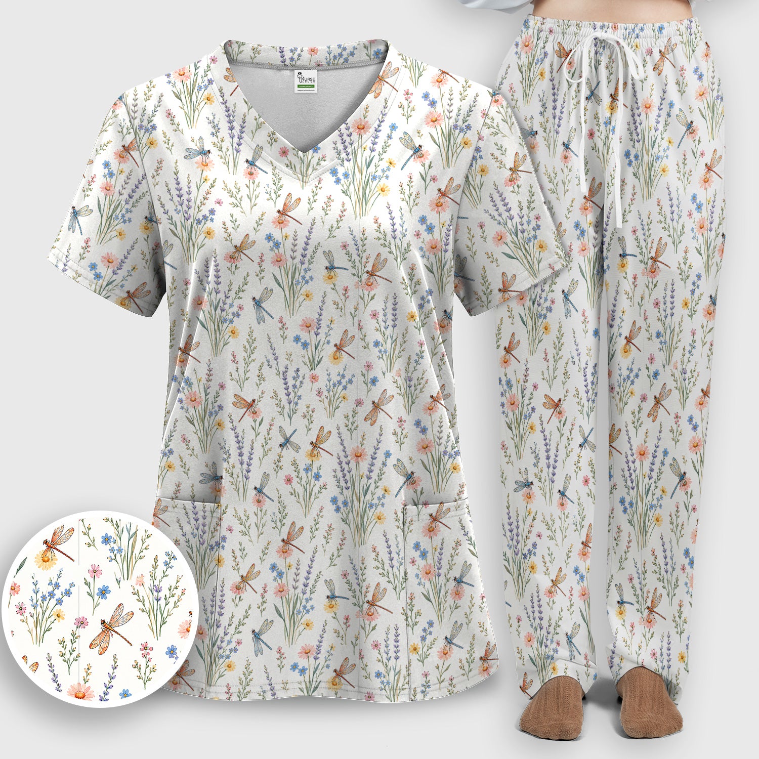 Dragonfly Wildflower Meadow Pattern Scrub Set, Scrub Pants and V Neck Top