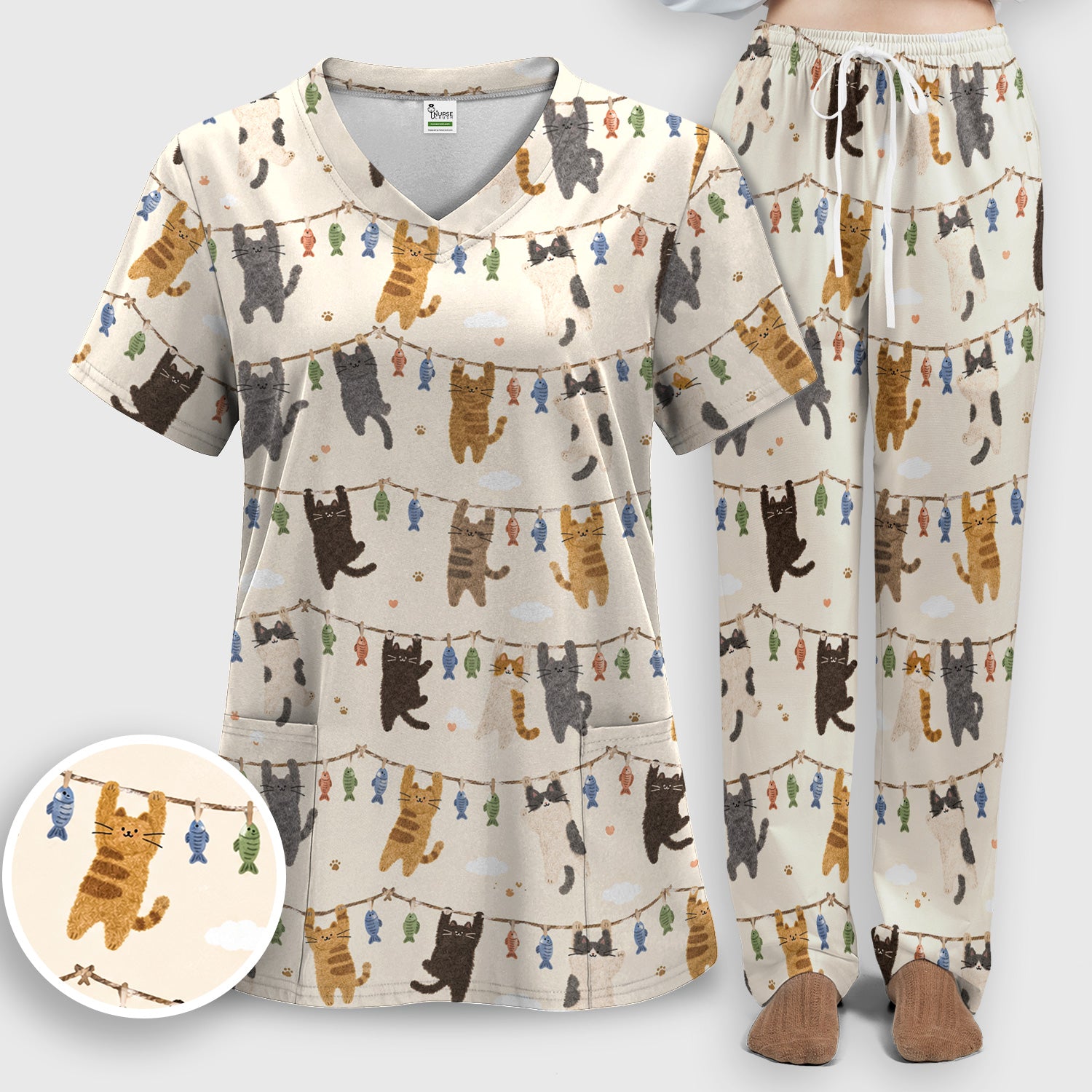 Cute Hanging Cat Fishline Pattern Scrub Set, Scrub Pants and V Neck Top