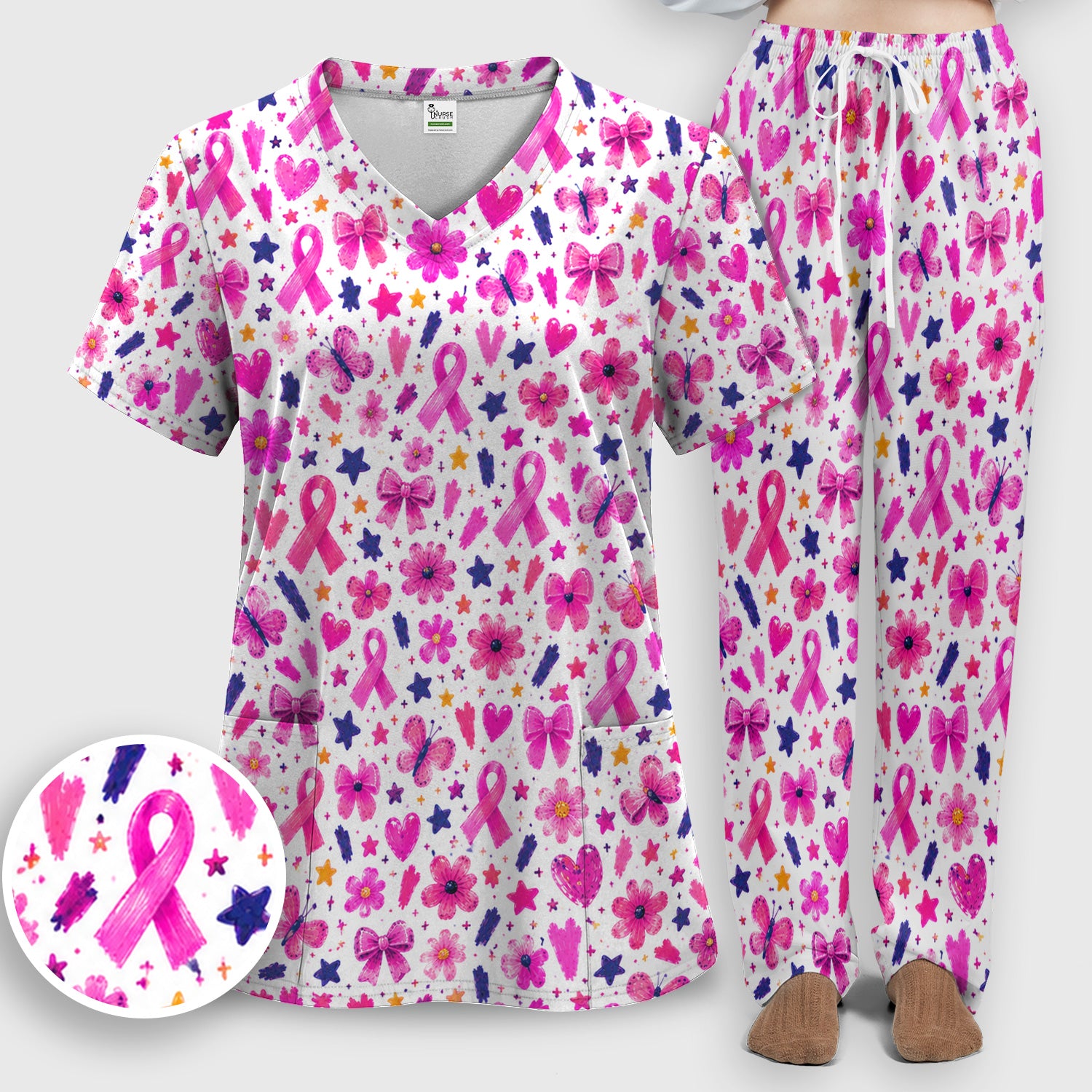 Pink Ribbon Floral Pattern Scrub Set, Scrub Pants and V Neck Top
