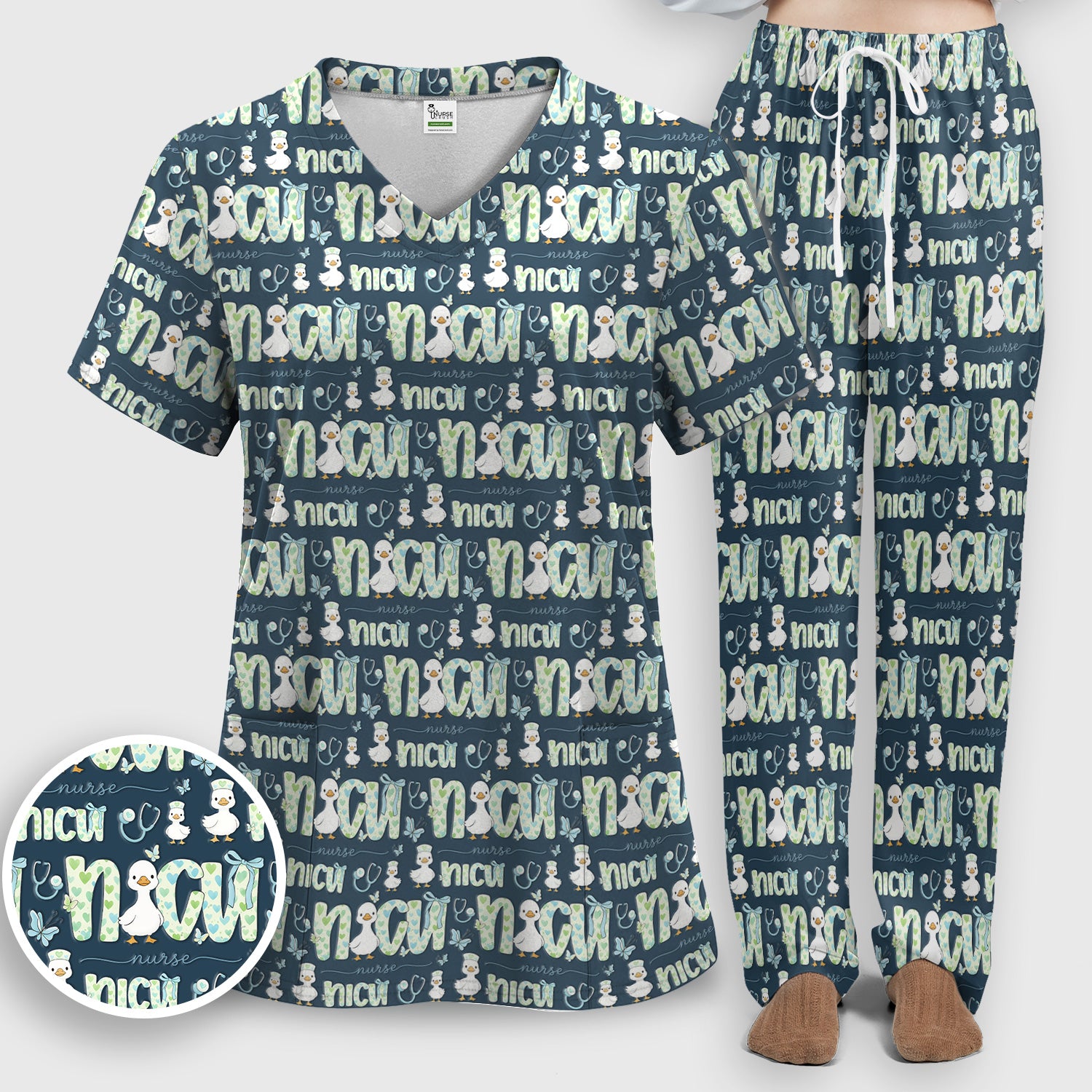 NICU Nurse Duck Pattern Scrub Set, Scrub Pants and V Neck Top