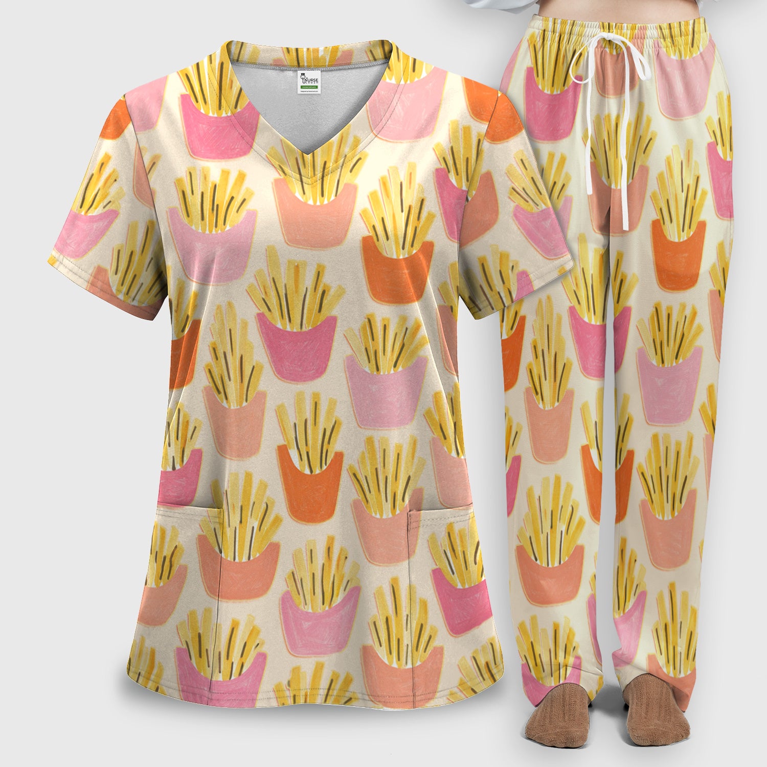 Funny French Fries Snack Food Pattern Scrub Set, Breathable Med Uniform