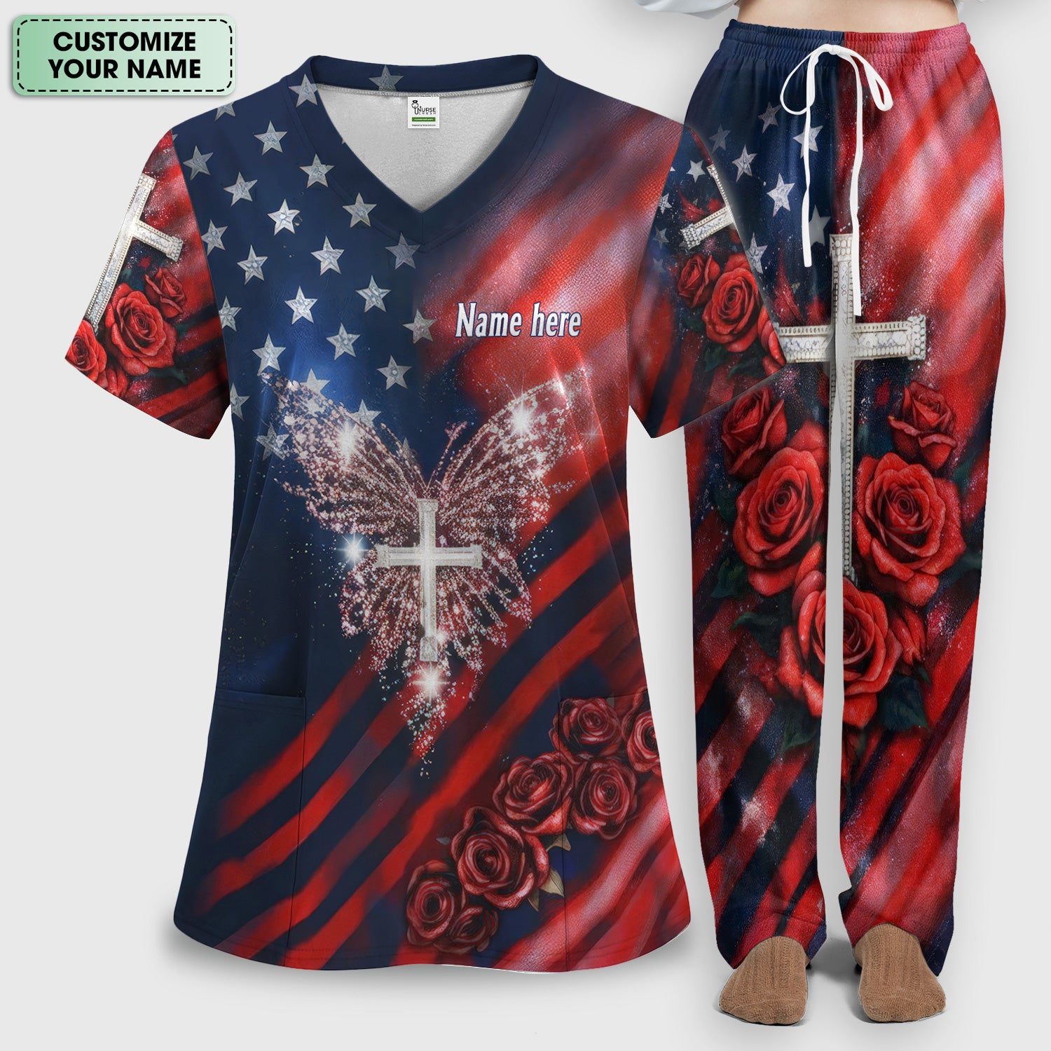 Custom Name Patriotic Cross Butterfly Rose Print Scrub Set, Scrub Pants and V Neck Top