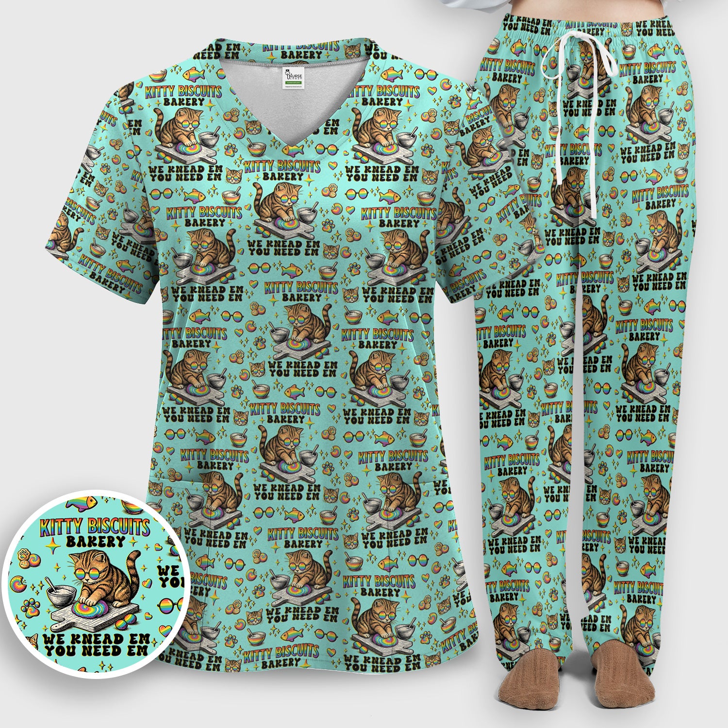 Pride Nurse Cat Baking Rainbow Dough Pattern Scrub Set, Women's Scrub Sets