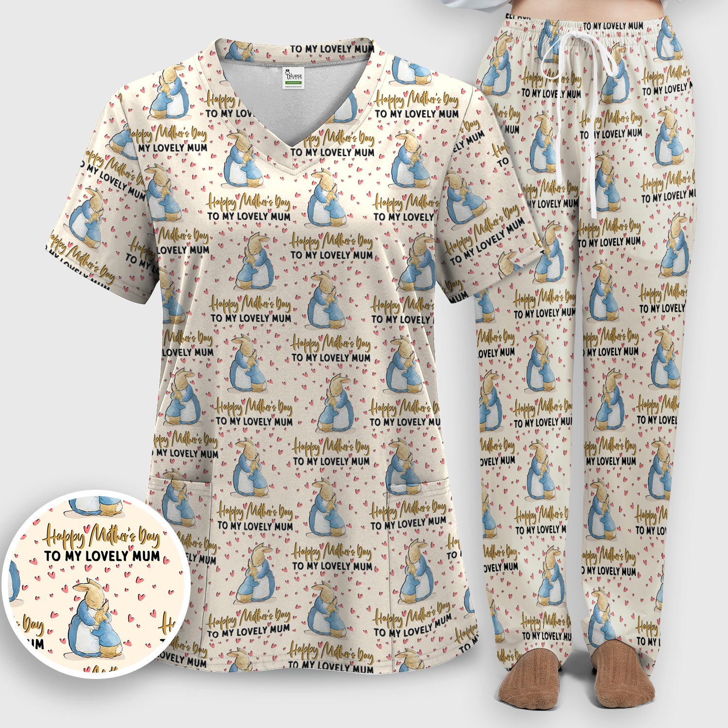 Happy Mothers Day Bunny Love Pattern Scrub Sets, Scrub Pants and V Neck Top