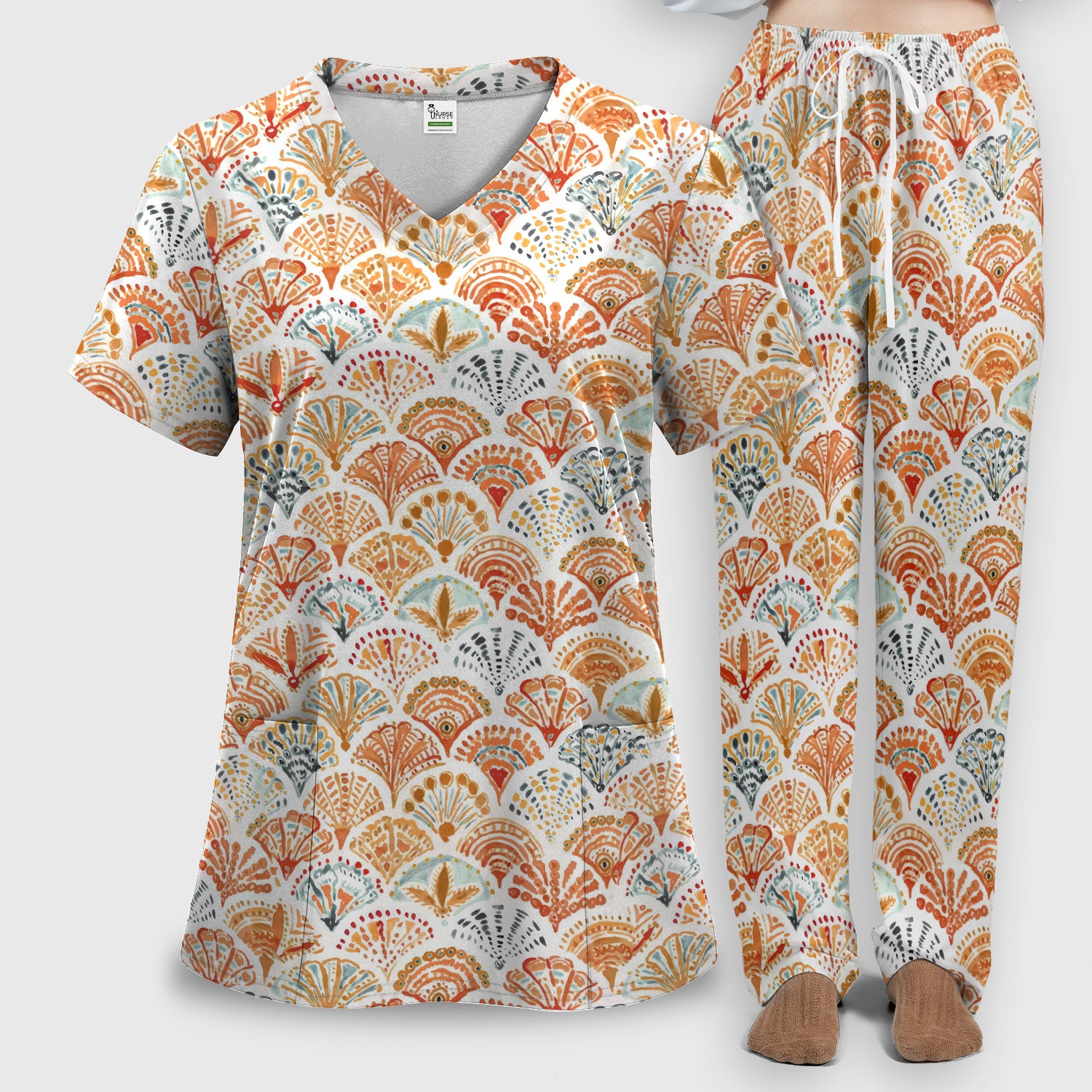 Cute Boho Fan Pattern Scrub Set, Women's Scrub Sets