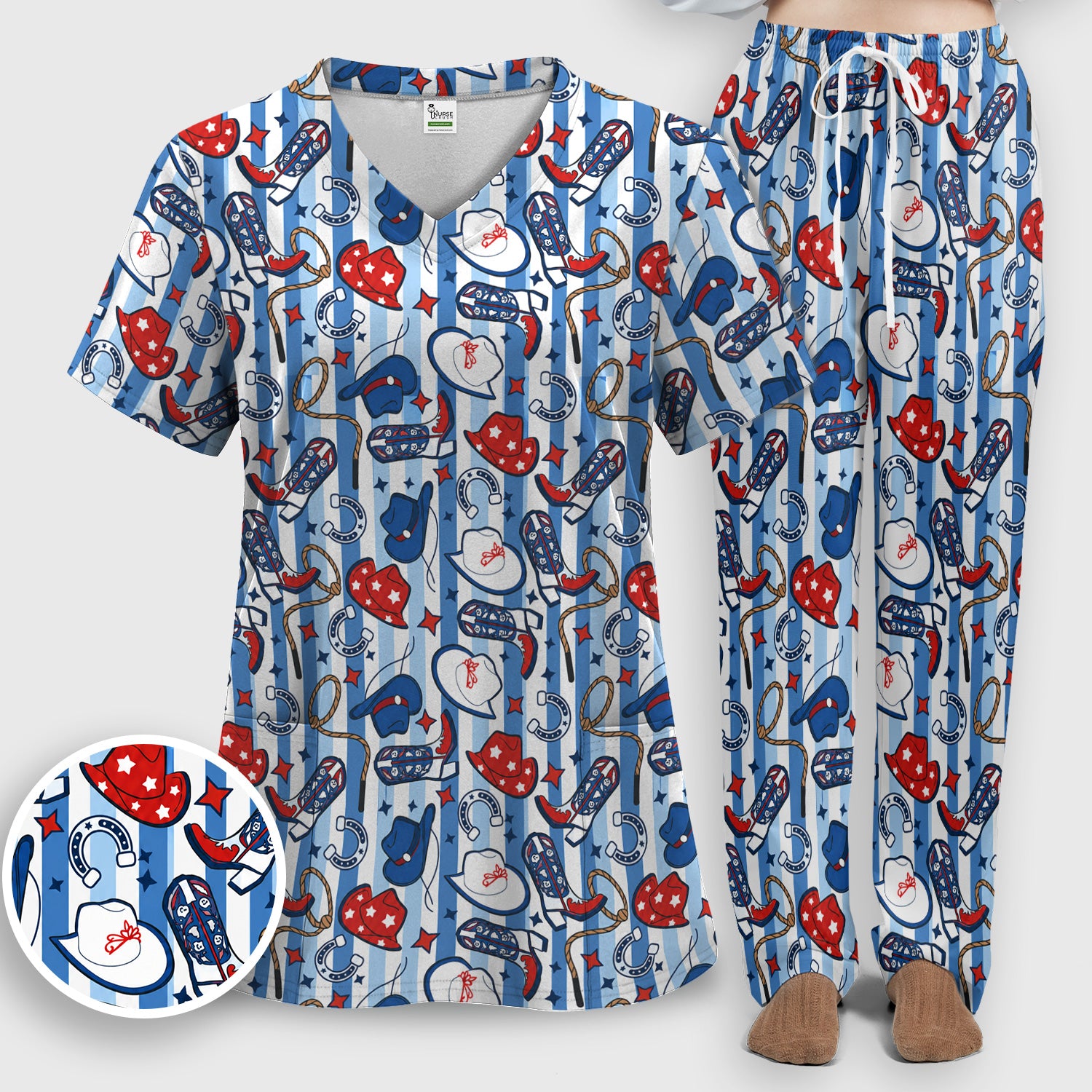Western Cowboy Boots And Hats Print Scrub Set, Scrub Pants and V Neck Top