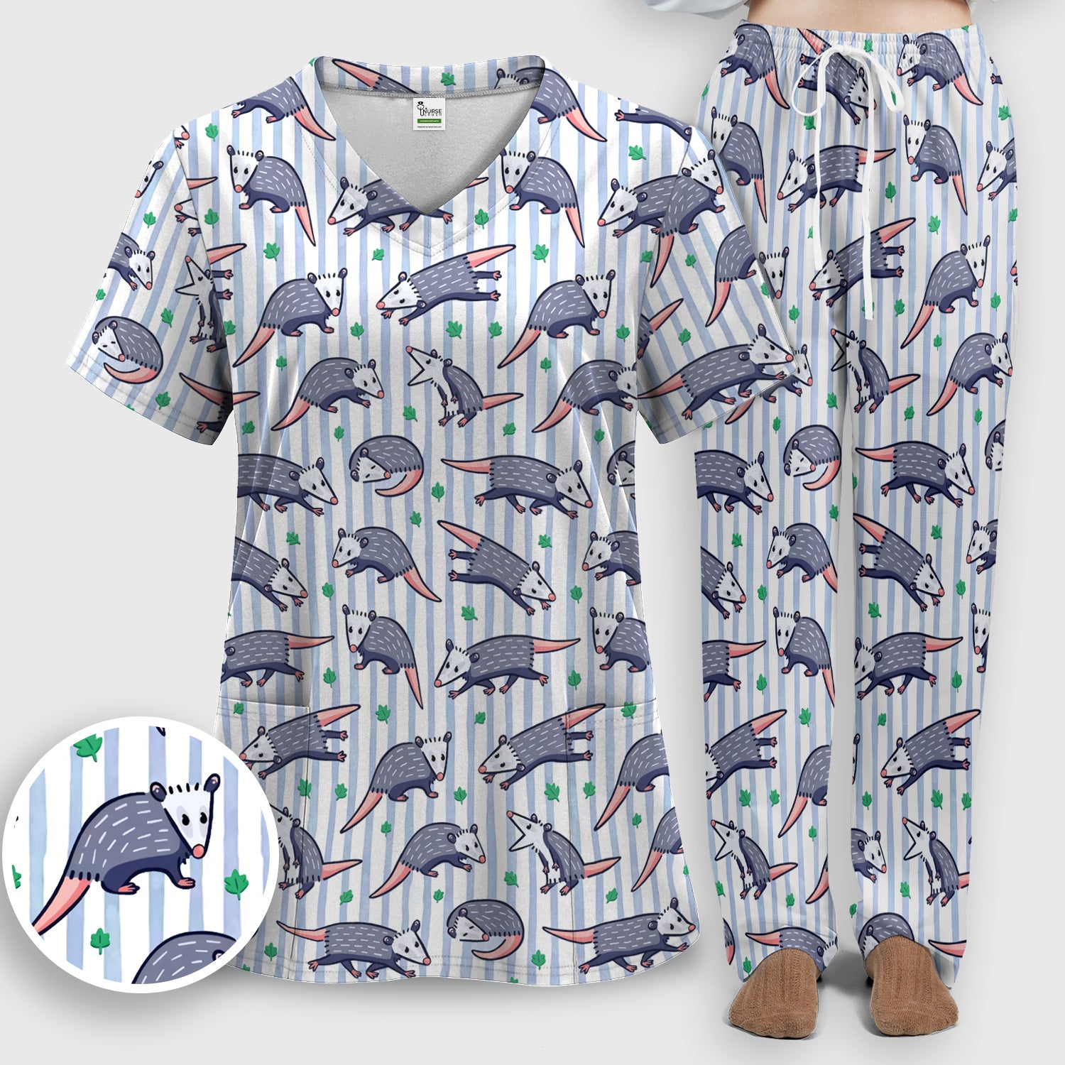Cute Opossum Blue Stripe Pattern Scrub Set, Scrub Pants and V Neck Top