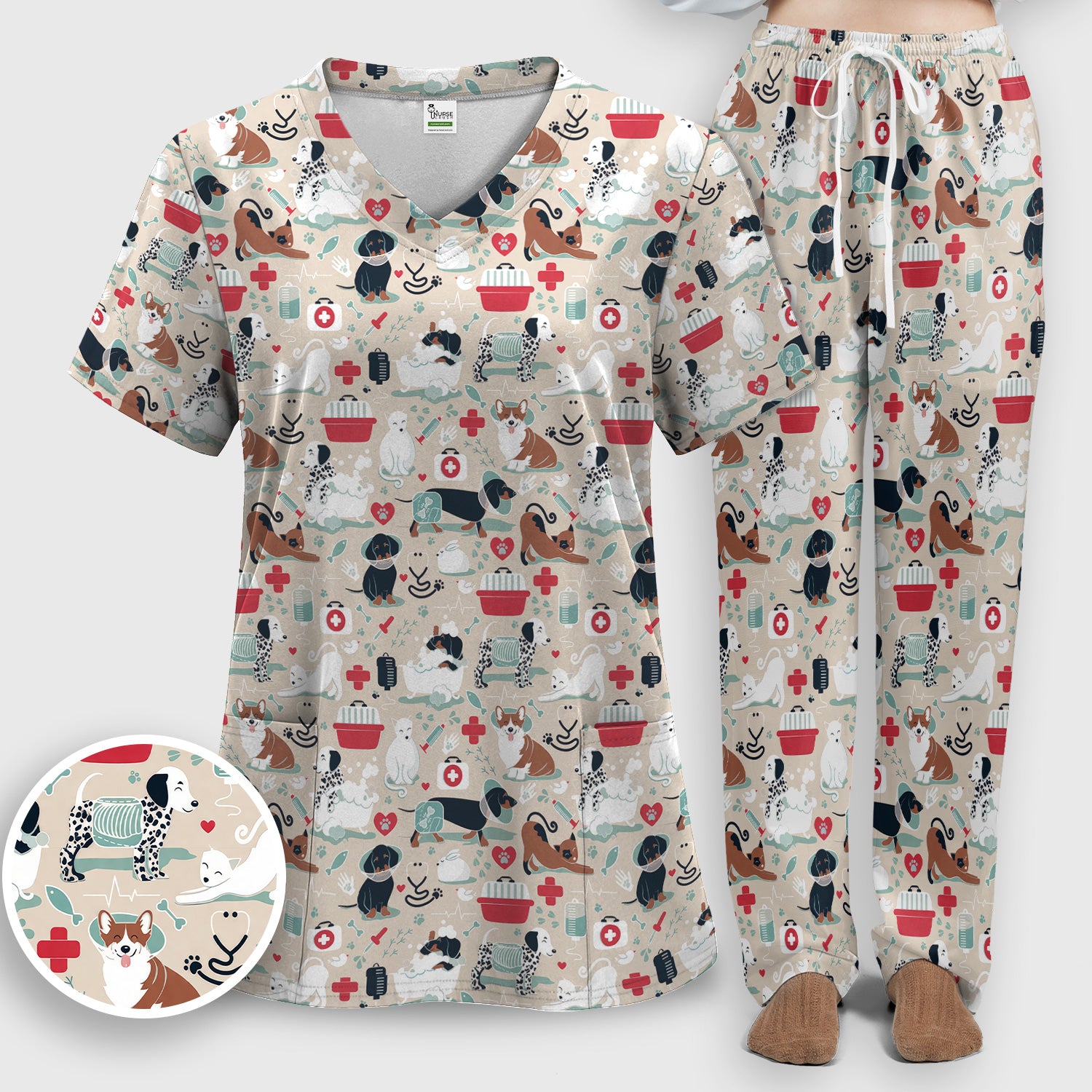 Dogs With Veterinary Tools And Paw Print Scrub Set, Breathable Med Uniform