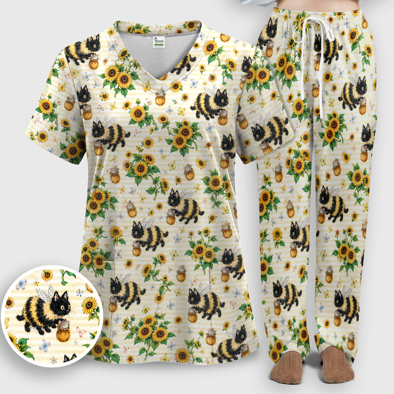 Cute Bumblebee Cat Sunflower Pattern Scrub Set, Scrub Pants and V Neck Top