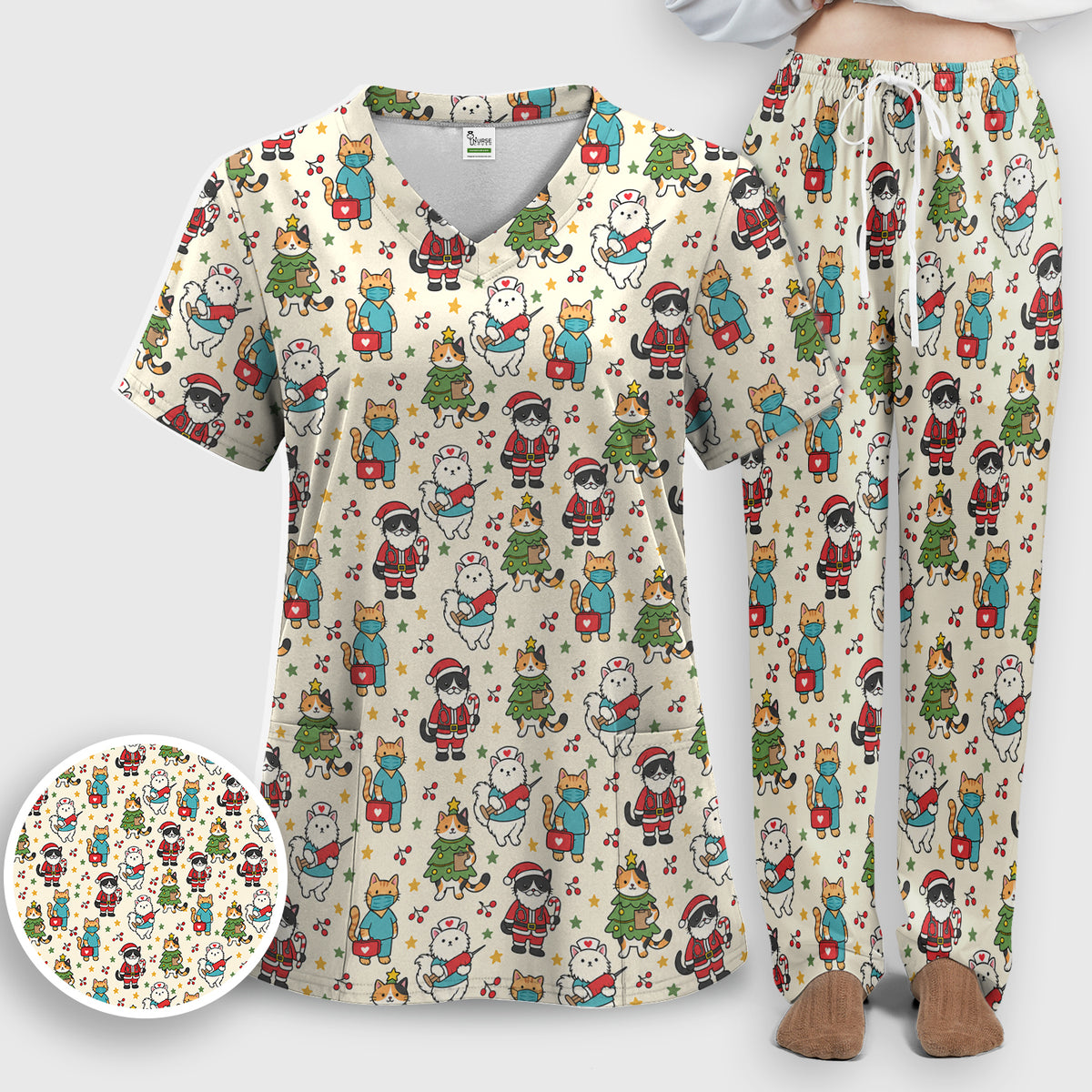 Christmas Cats In Nurse And Santa Outfits Scrub Set, Scrub Pants and V Neck Top