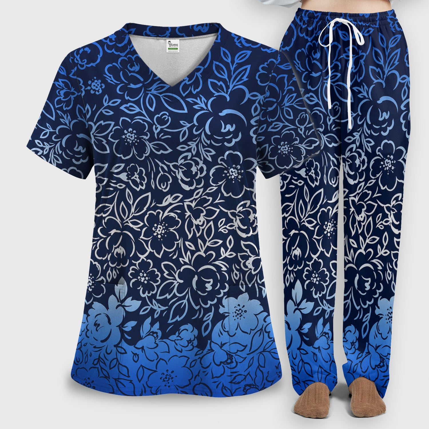 Navy Botanical Flower Print Scrub Set, Scrub Pants and V Neck Top