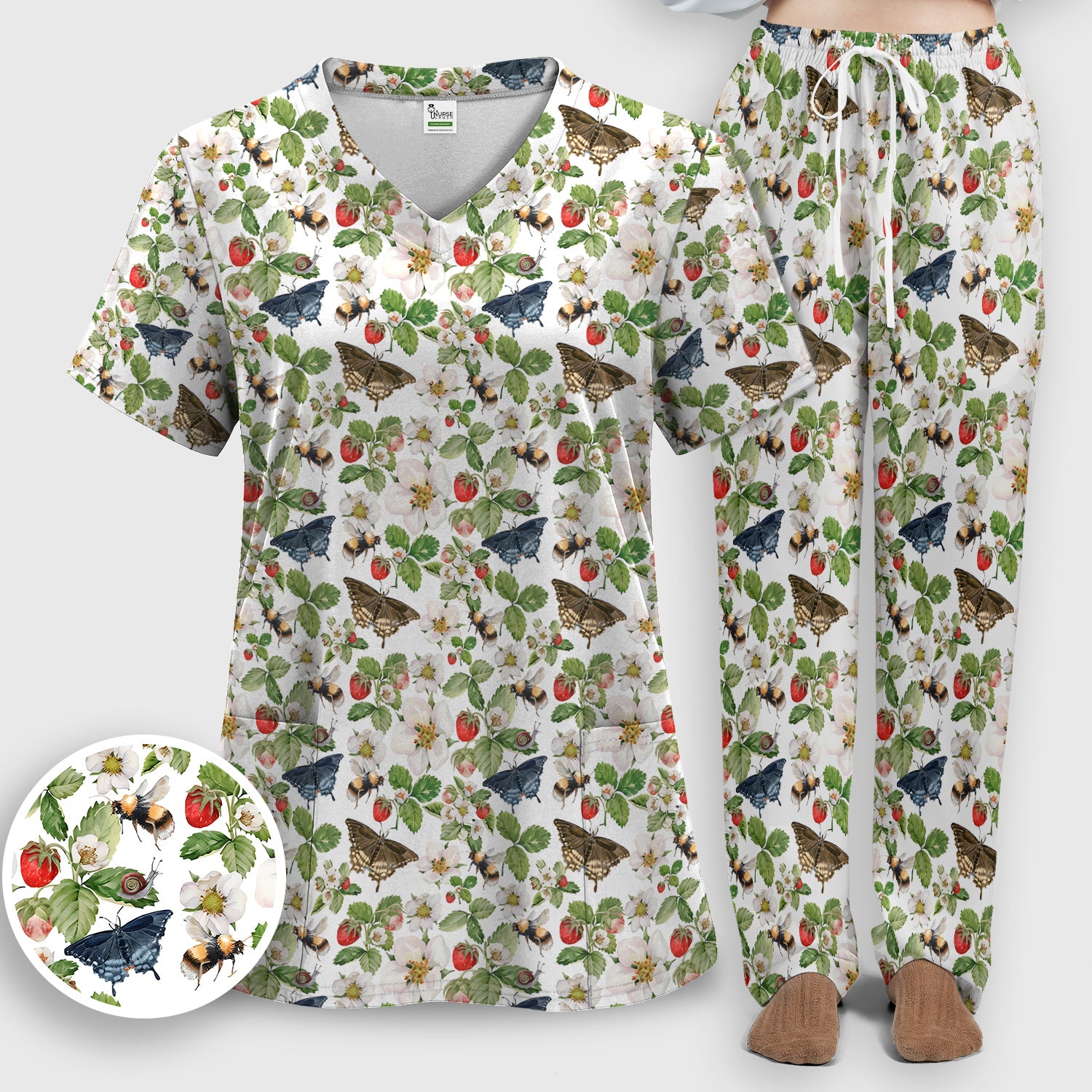 Charming Strawberry Butterfly Garden Pattern Scrub Set, Scrub Pants and V Neck Top