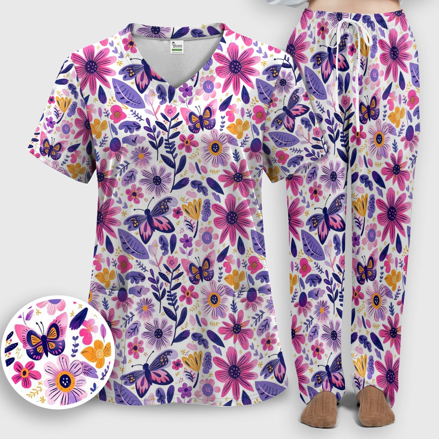 Cute Butterfly Wildflower Garden Pattern Scrub Set, Scrub Pants and V Neck Top