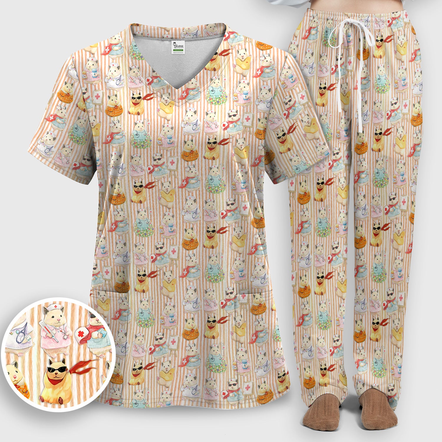Cute Nurse Hamster Pattern Scrubs Sets, Scrub Pants and V Neck Top