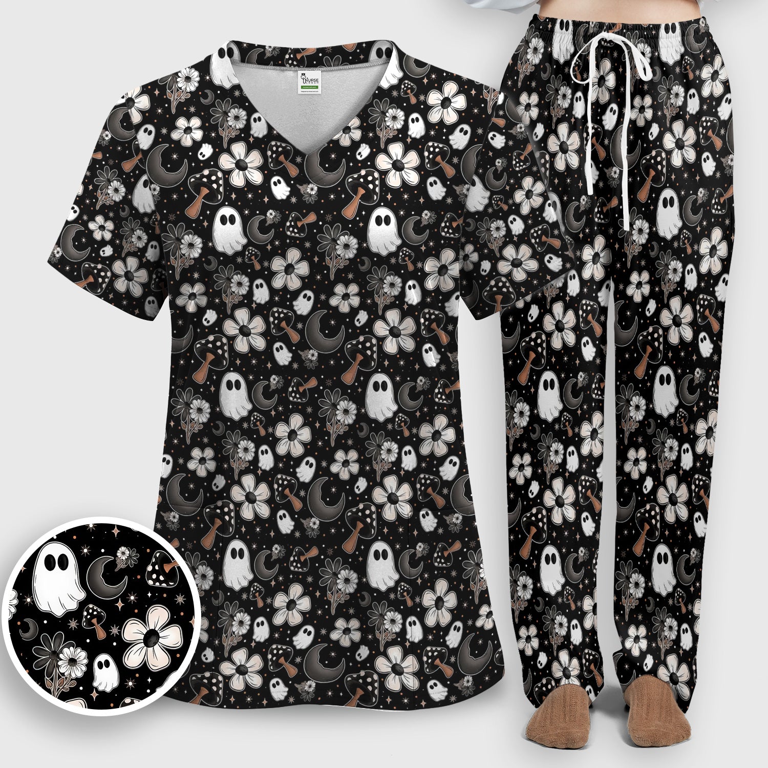 Floral Mushroom Ghost Pattern Scrub Set, Scrub Pants and V Neck Top